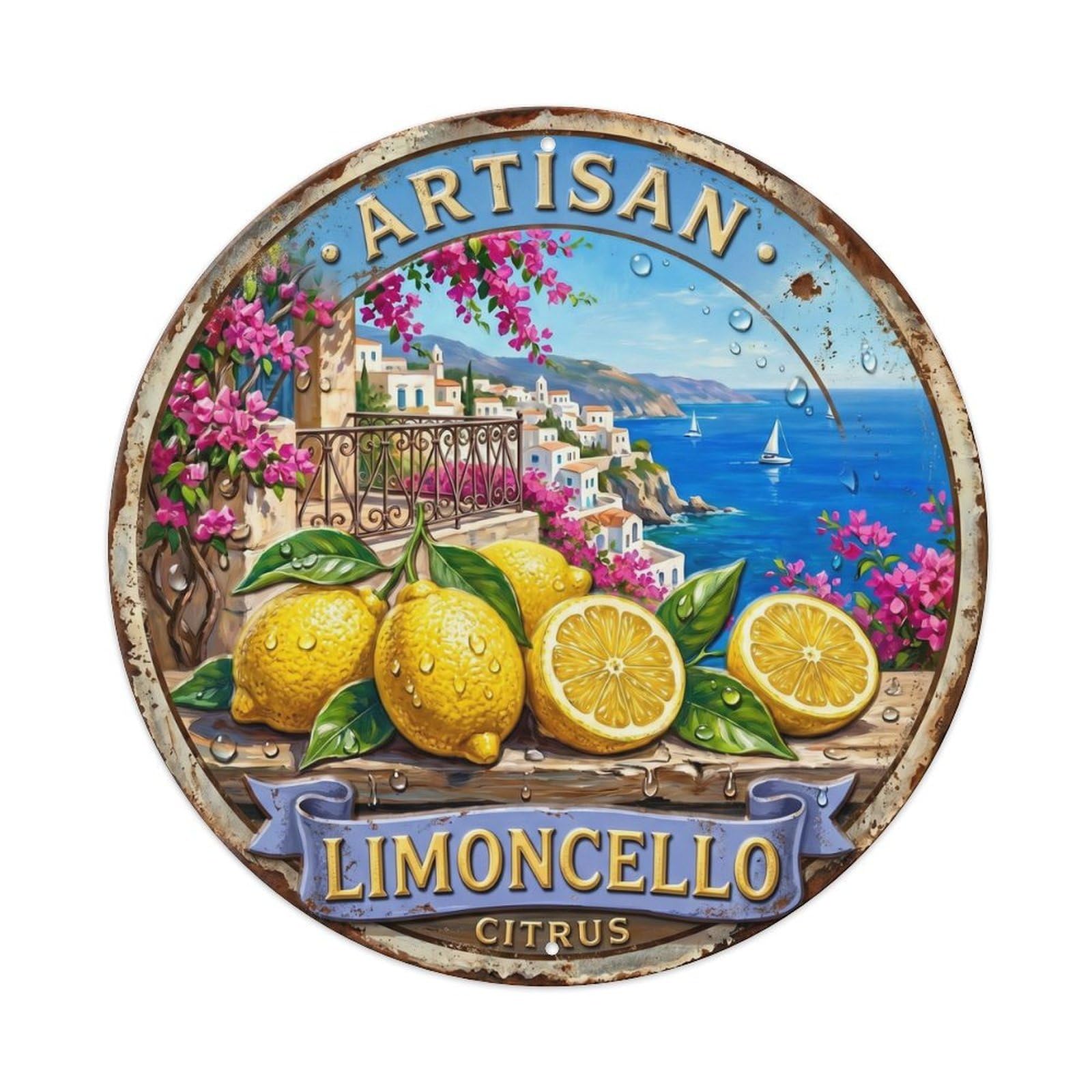 Artisan Citrus Limoncello Sign Metal Tin Sign Plaque Wall Decor for Cafe, Club, Garden Round Metal Poster 8x8Inch