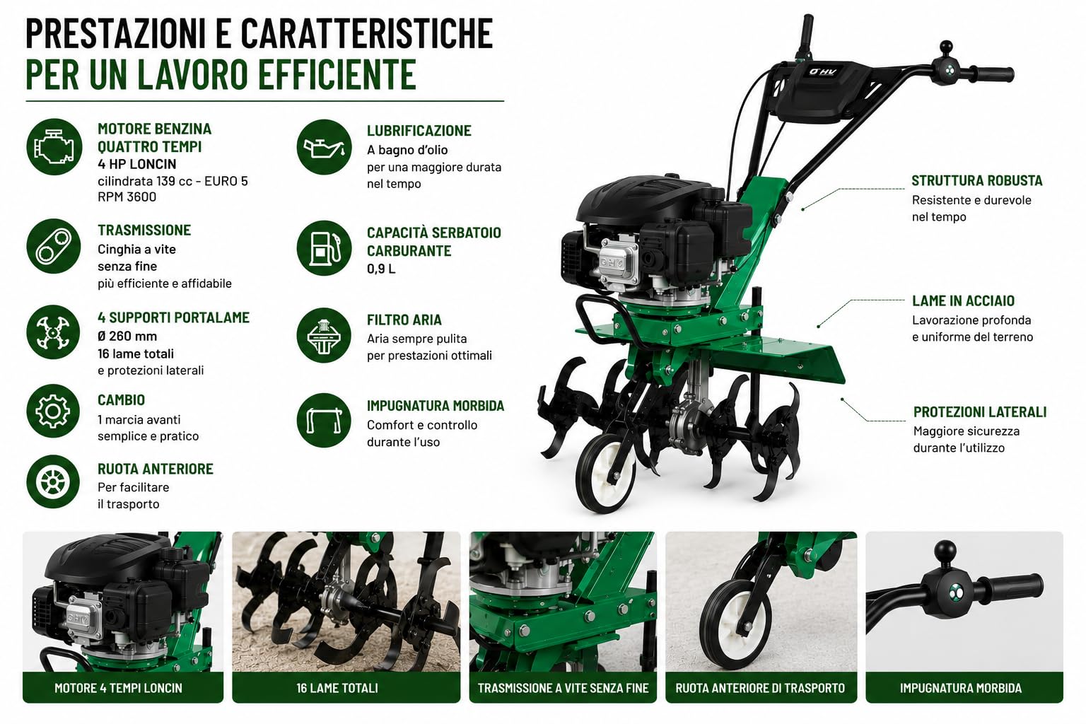Motozappa a Scoppio OHV 139cc E-V Simply Tiller 40 per Orto e Lavorazione Terreno