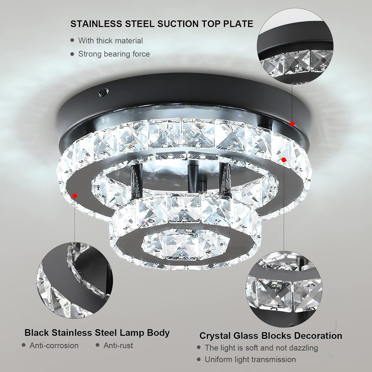 9.8 inch Modern Crystal Chandelier Flush Mount Ceiling Light, Black Mini Chandelier with LED Lighting for Bedroom Hallway Entryway Dining Room, 6000K Daylight Small Semi Flush Mount Fixture