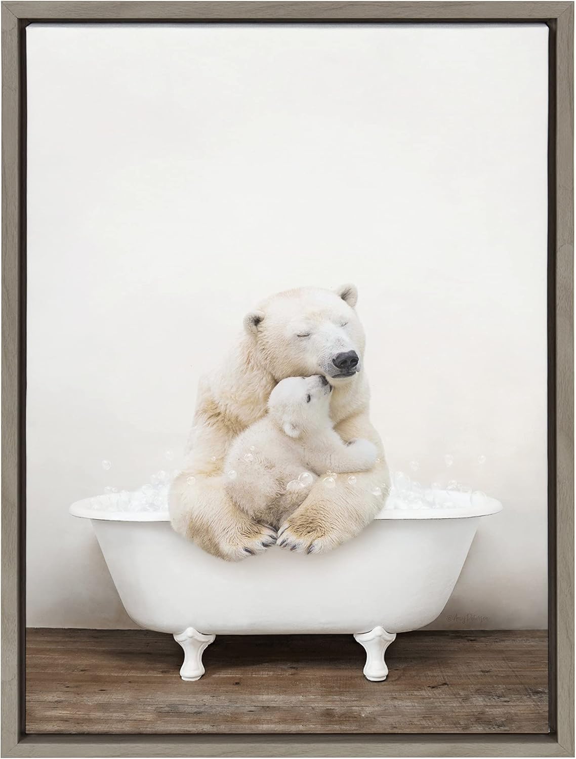 Kate and Laurel Sylvie Mother and Baby Polar Bear in Rustic Bath Framed Canvas Wall Art by Amy Peterson Art Studio, 18x24 Gray, Modern Fun Decorative Bathtub Wall Art for Home Décor