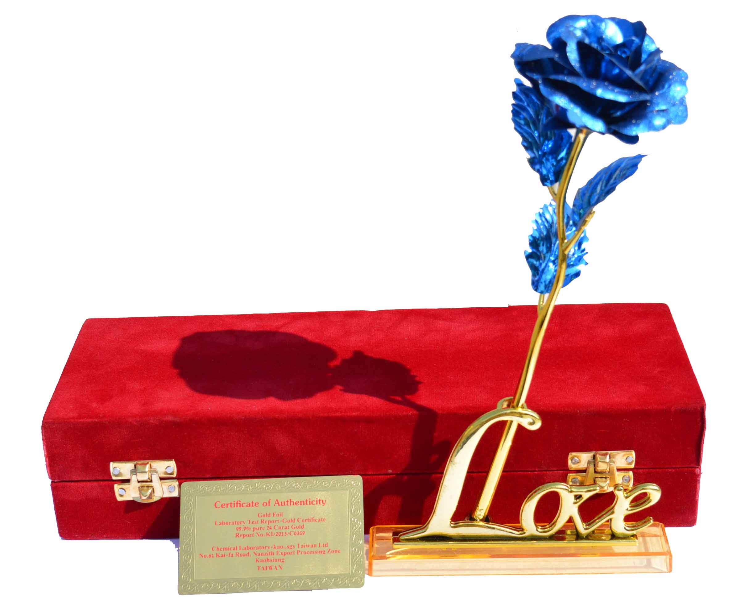 Lavanaya Silver - Golden Blue Rose and Golden Love Stand with Velvet Gift Box Packing (30X10X8 CM, Blue)-image-39