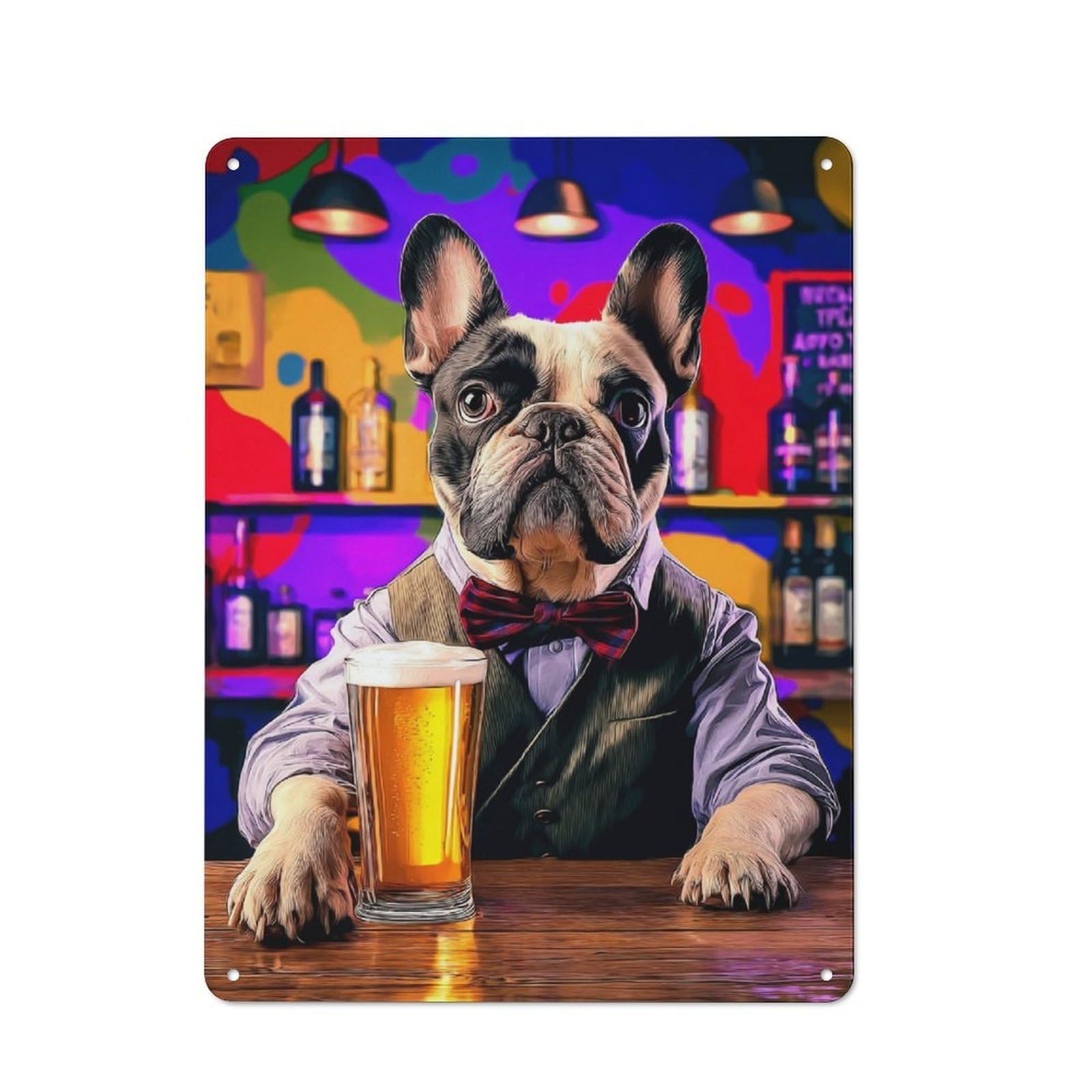 Junmoney French Bulldog Enjoying A Beer At The Bar Tin Wall Plaque 40X30cm With For Bar Or Restaurant, Suited To Restaurant Interior Fans