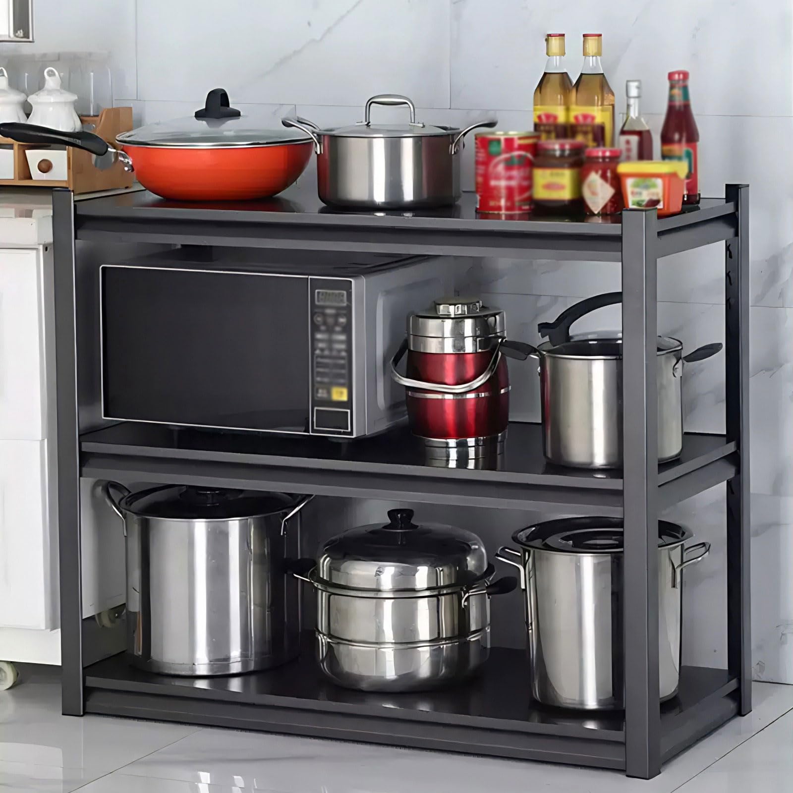 3 Ebenen Metallregale, 105kg lagerregal mit Rollen, höhenverstellbar, schraubenlos, strapazierfähig, Schwerlastregal für Lager, Werkstatt, Büro, Küche, Keller, Garage, Schwarz, 80x40x80 cm