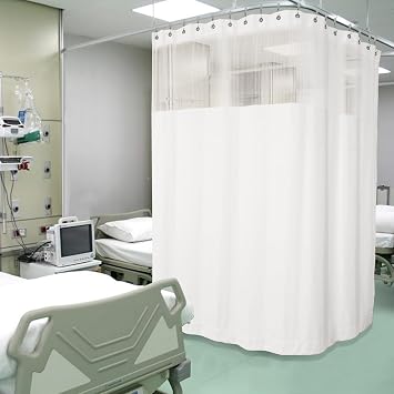 Fcosie 12Wx8.5L ft White Hospital Privacy Curtains for Room Divider/Partitions - Extra Wide Medical Divider Curtains with Mesh Top - Beauty Salon Lab SPA Cubicle Curtain with Nickel Grommet Top, 1 PC