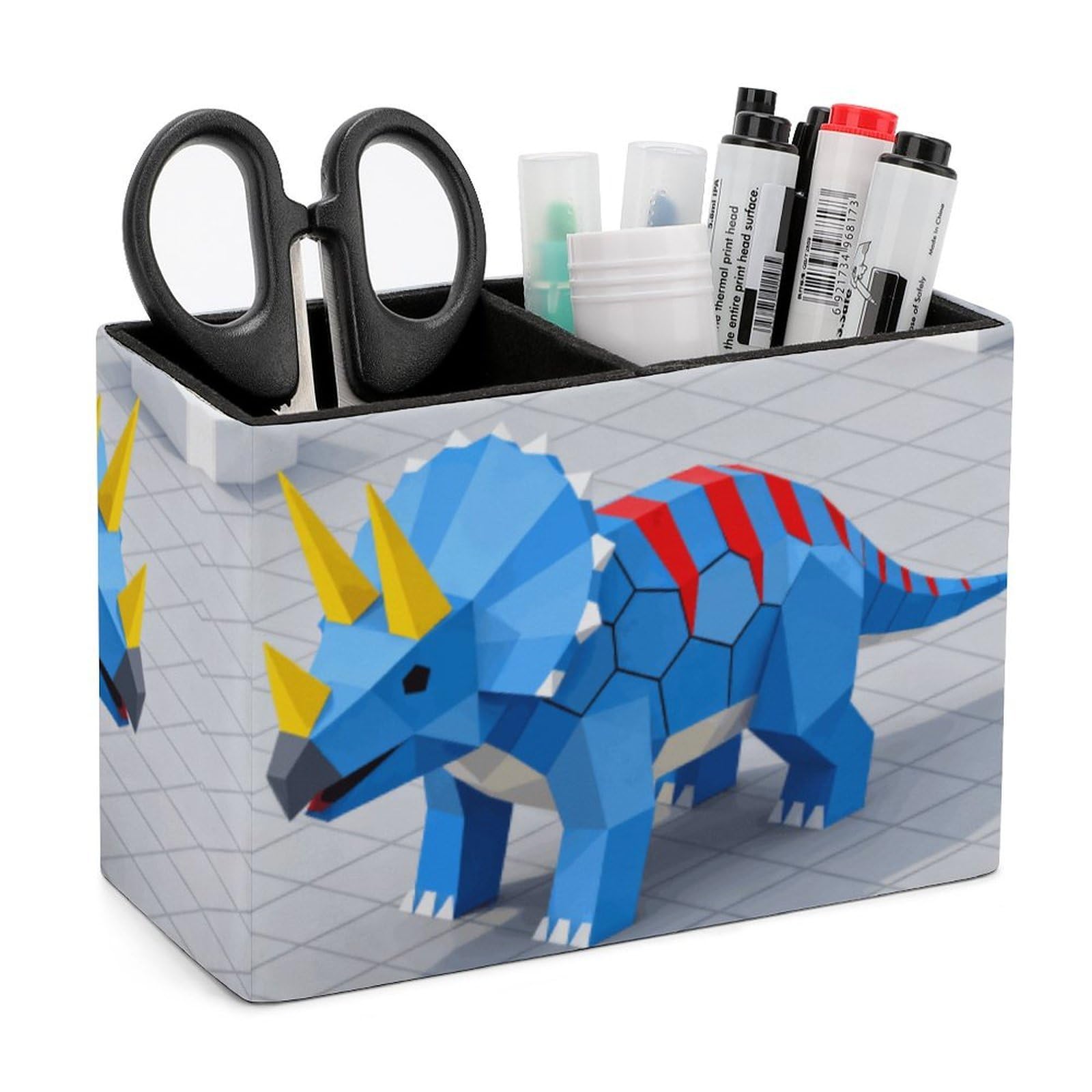 LZQPOEAS Exquisite Patterns PU Leather Pen Holder, Multifunctional Desktop Organizer Caddy with 2 Compartments, Dinosaur Patterns Pencil Cup Makeup Brush Holder for Office Home