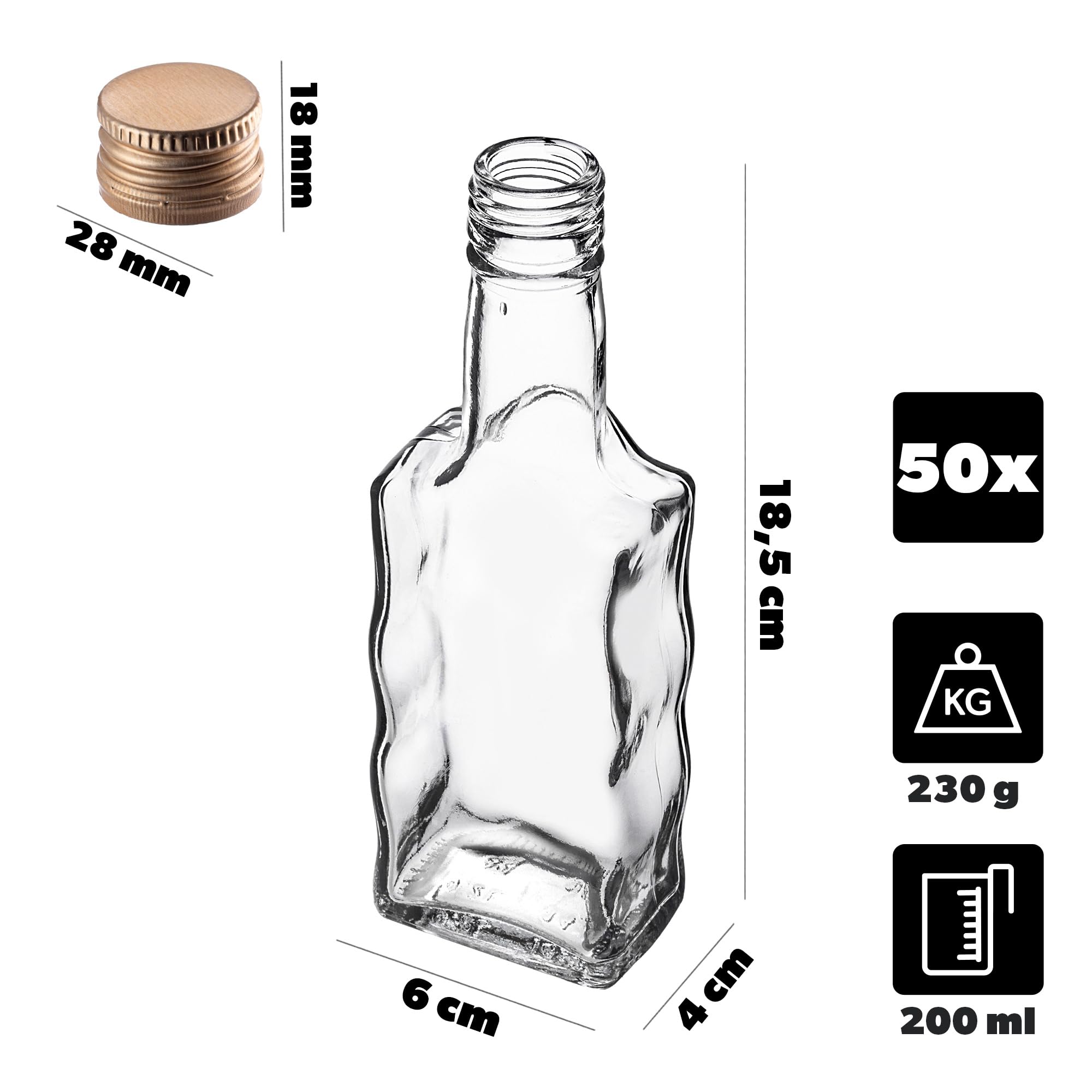 KADAX Lot de 50 Bouteilles en Verre 200ml avec Bouchon à vis Or – Bouteilles vides à remplir pour Liqueur, schnaps, Huile et vinaigre, Conservation Alimentaire