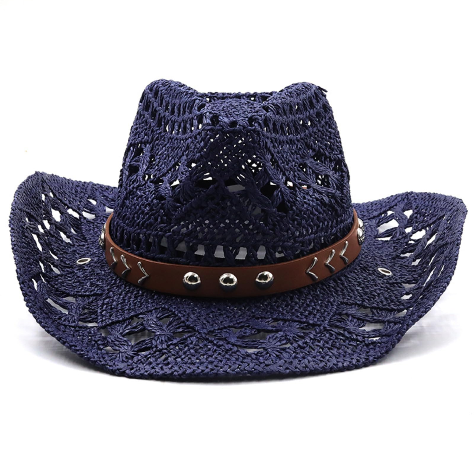 Cazqgoy Unisex Navy Straw Cowboy Hat, Hollow Out Cowboy Sun Hat, Wide Brim, Straw Cowboy Hat Vintage Western Straw Cowgirl Hat Cowboy Hats, L