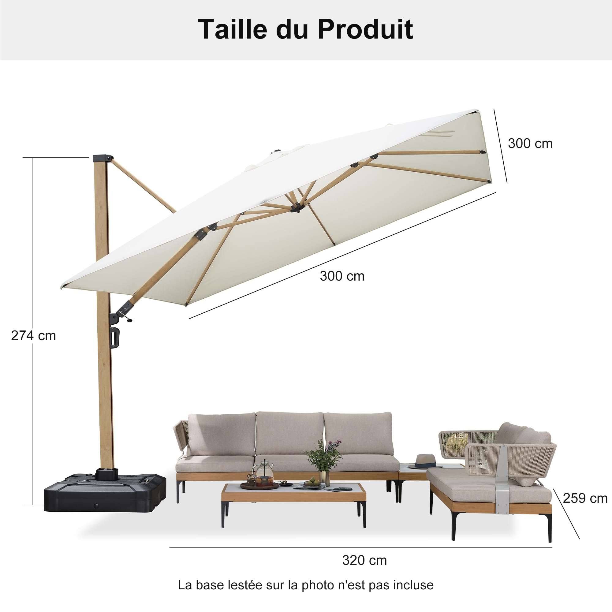PURPLE LEAF Parasol Déporté 3 x 3 m Aluminium Effet Bois Crème Anti-Vent | Style champêtre, Parasol, UPF 50+, Tissu polyester 240 g/m², Résistant aux intempéries, 8 baleines renforcées, Terrasse