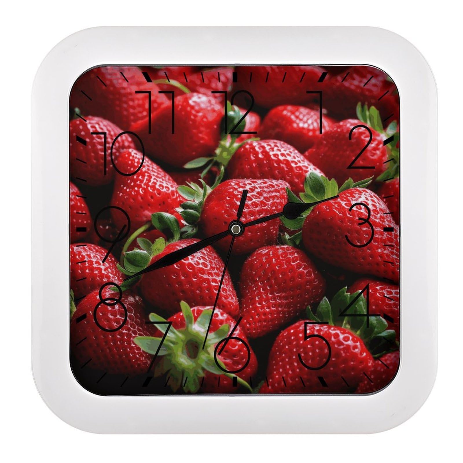 NTVOWPZO 10 Inch Wall Clock Fresh Strawberries Battery Operated Wall Clocks Silent Non-Ticking Square Wall Clock for Living Room Kitchen Home Office Wall Decorative Clocks