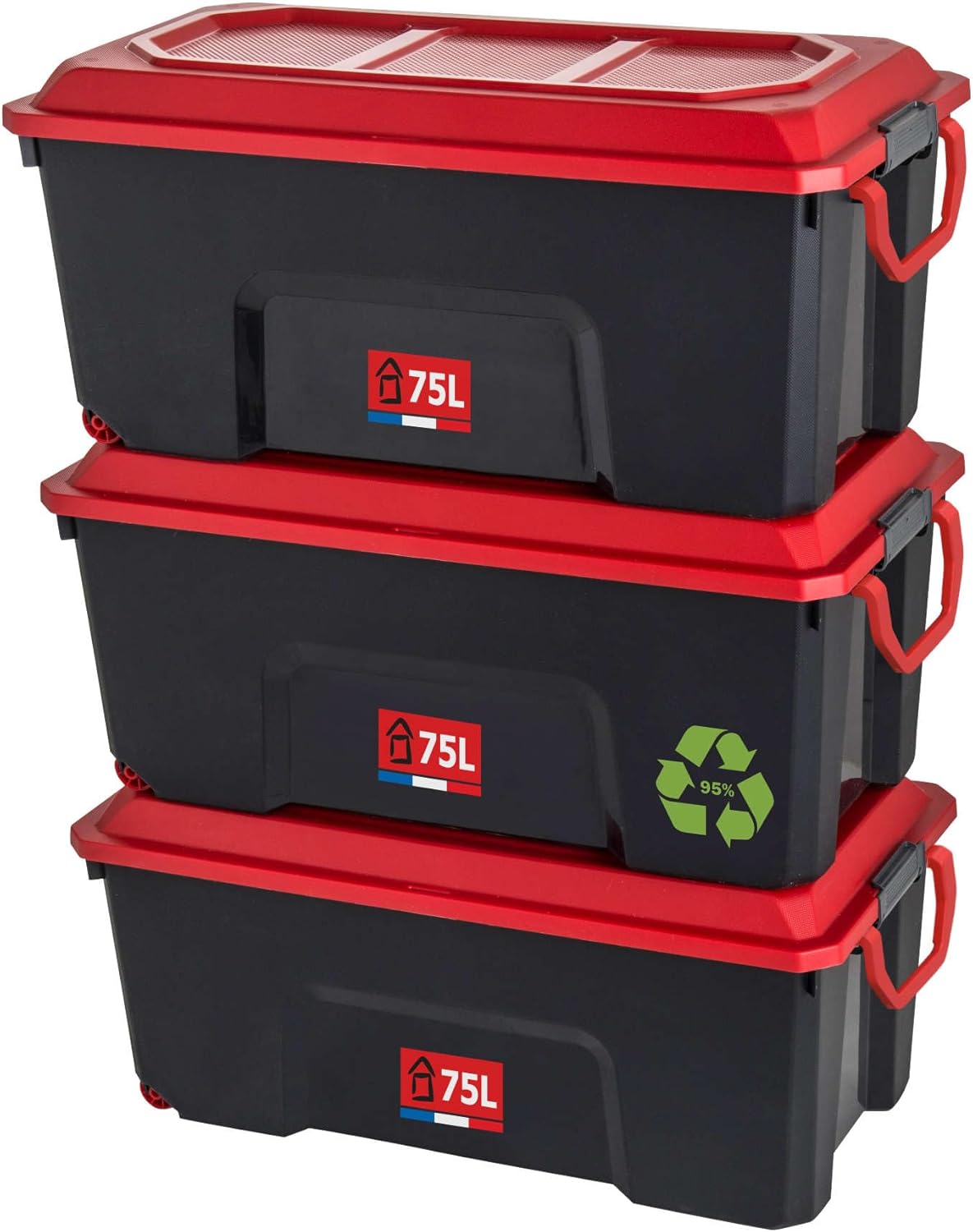 Sundis Locker Set of 3 Storage Boxes with Lids, 75 L, with Clips, Made of Recycled Plastic, Reinforced, Stackable, Ideal for Workshop, Transport, Garage, DIY