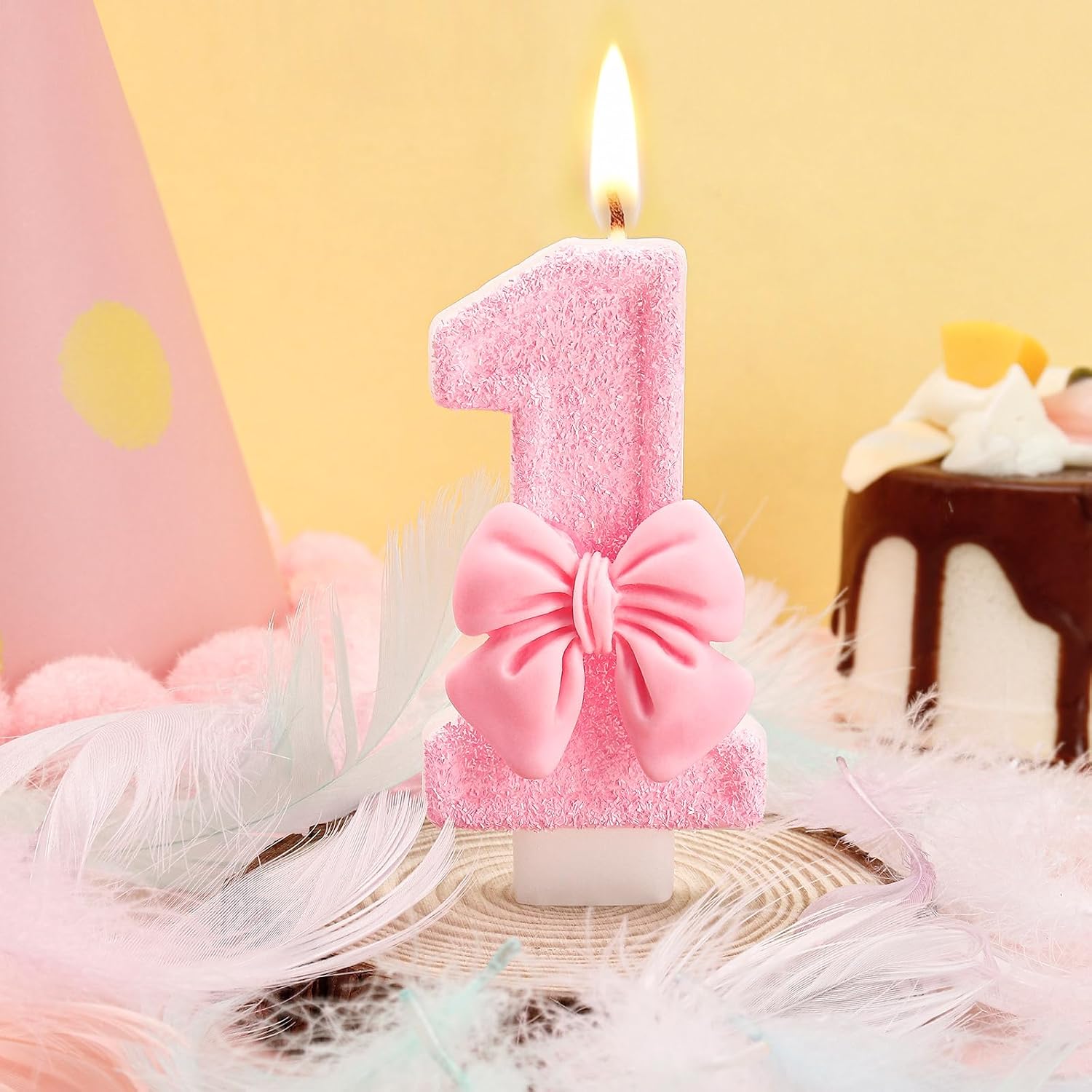 Pink Bow Number 1 Birthday Candles, Glitter with Bowknot Candle Cake Topper, Bow 1st Birthday Decoration Girl, Anniversary Celebrations Party Supplies