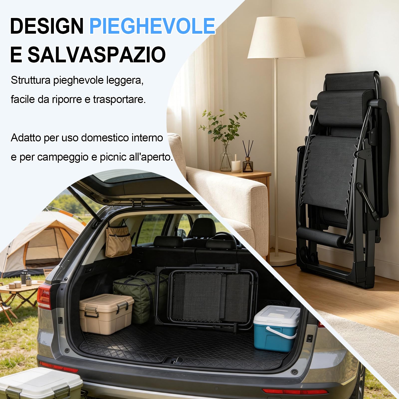 Generazione2 Poltrona Sdraio Pieghevole da Giardino, Sedia Sdraio Imbottita con Supporto Imbottito, Schienale Regolabile e Cuscino per il Collo, Portata 200 kg, Nero, 65cm