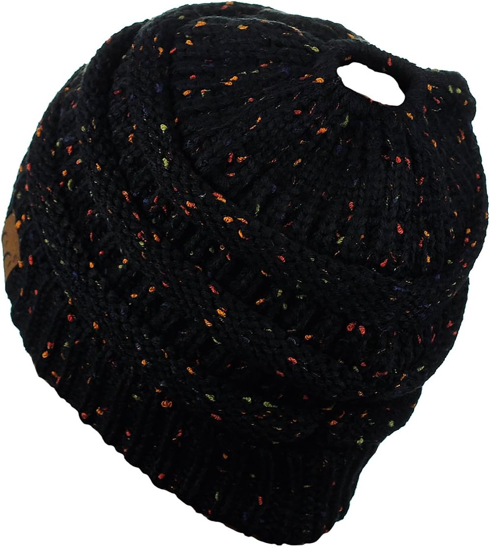 C.C BeanieTail Soft Stretch Cable Knit Messy High Bun Ponytail Beanie Hat, Confetti Black - Image 3