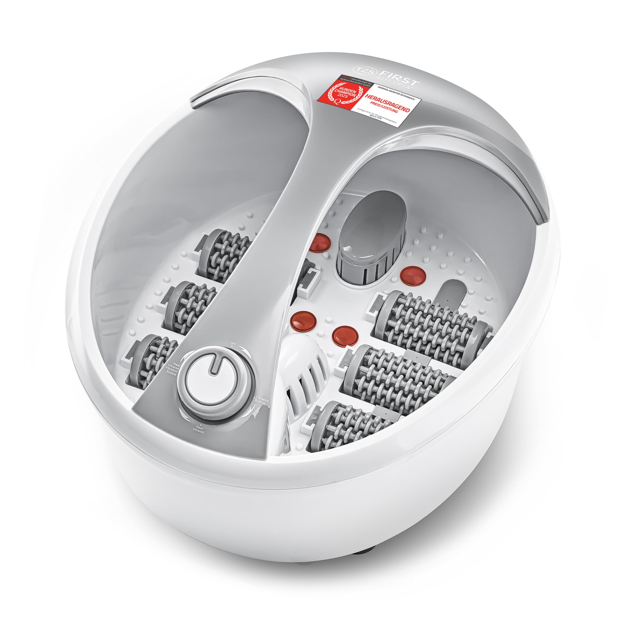 TZS First Austria - Fußbad mit Massagefunktion - 450W - 3 Einstellungen & 6 Massagerollen - Elektrisches Fußsprudelbad mit Heizfunktion - Griff & Aromabox