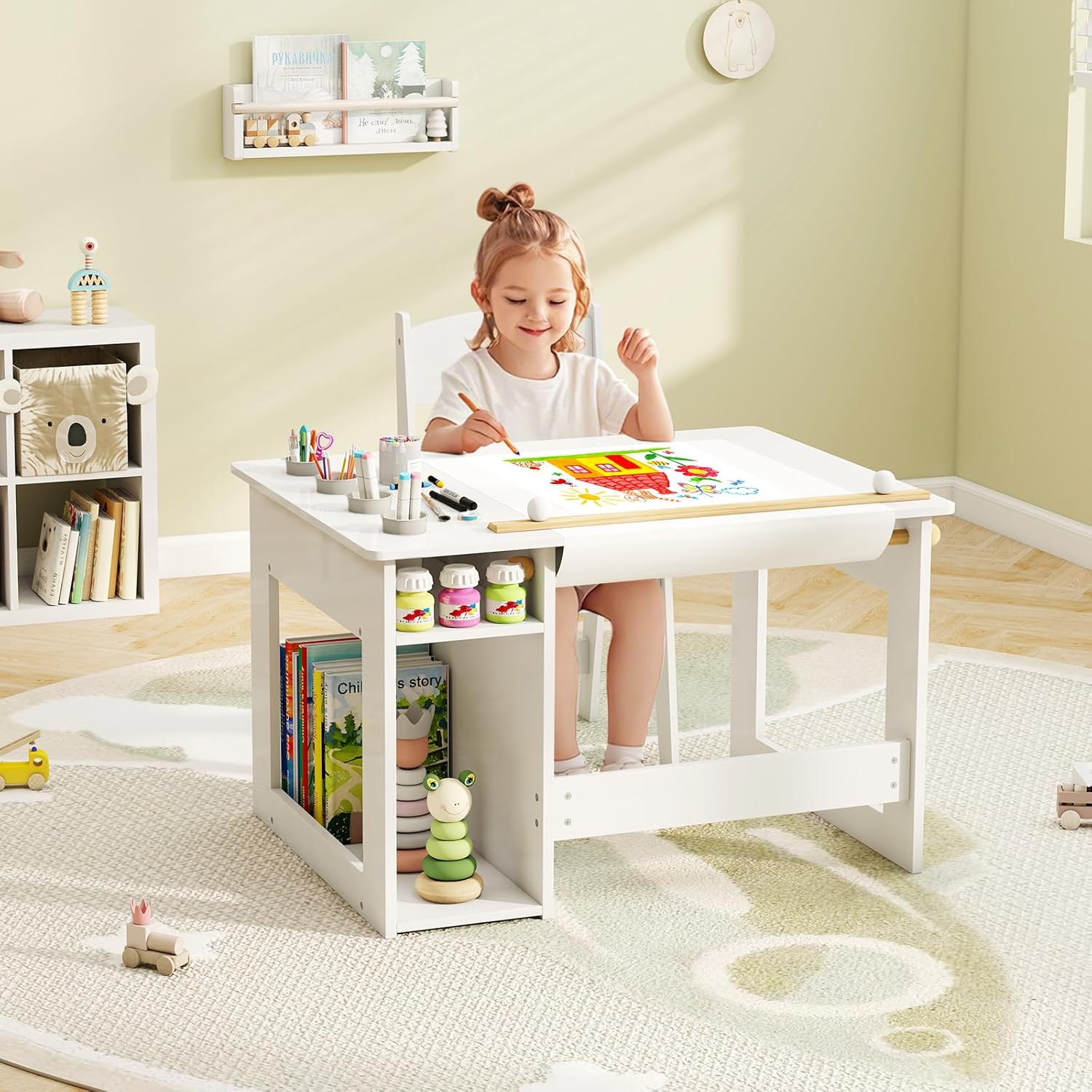 HONEY JOY White Kids Table and Chair Set, Wooden Arts and Crafts Activity Table w/Paper Roller, 4 Paint Cups & Storage Shelves, Children Learning Furniture, Toddler Table and Chair Set, Gift
