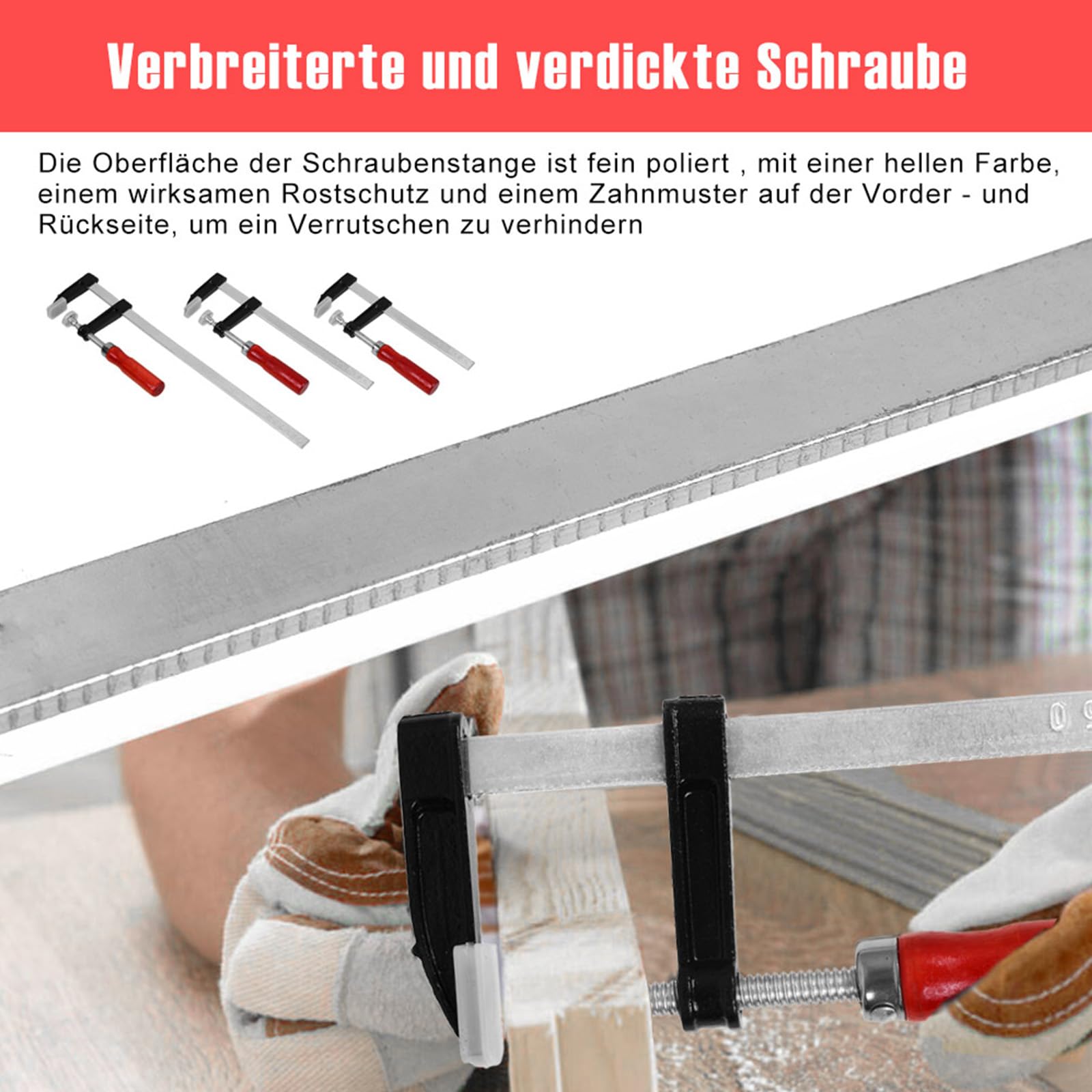 Schraubzwingen, Profi Schraub-Zwinge Set mit 10-Komponentengriff 50x200 / 50x300, Spann-Weite 150 mm, Spanntiefe 50 mm, Spannbacken aus Temperguss-Stahl, Schraubzwenge mit Hohlprofilschiene (50x300)
