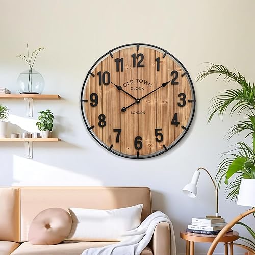 Miniatura 6 de Reloj de pared rústico de 24 pulgadas con borde de metal y números grandes, funciona con pilas silenciosas para oficina, cocina, dormitorio y sala