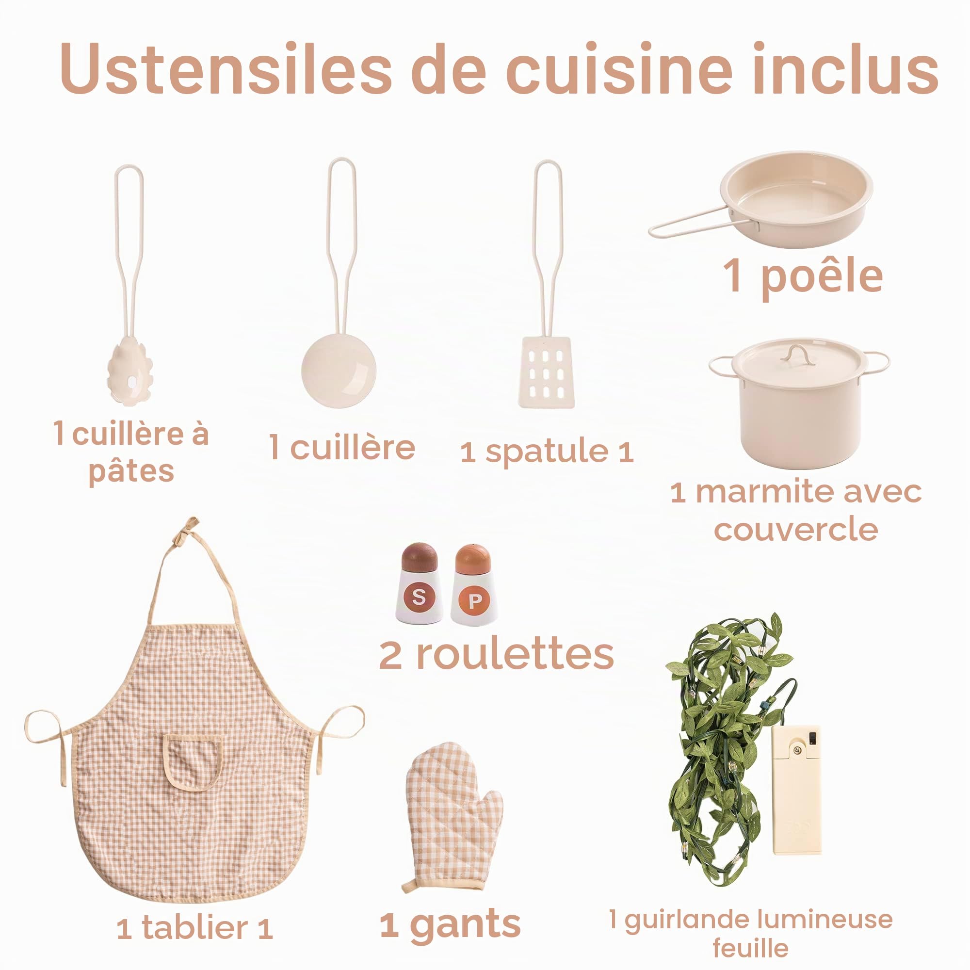 ROBOTIME Cuisine Enfant en Bois Rose Crème avec Four, Évier et Tablier | Jeu d’Imitation Dès 3 Ans avec Guirlande Lumineuse, Ustensiles, Rangement et Accessoires pour Petits Chefs