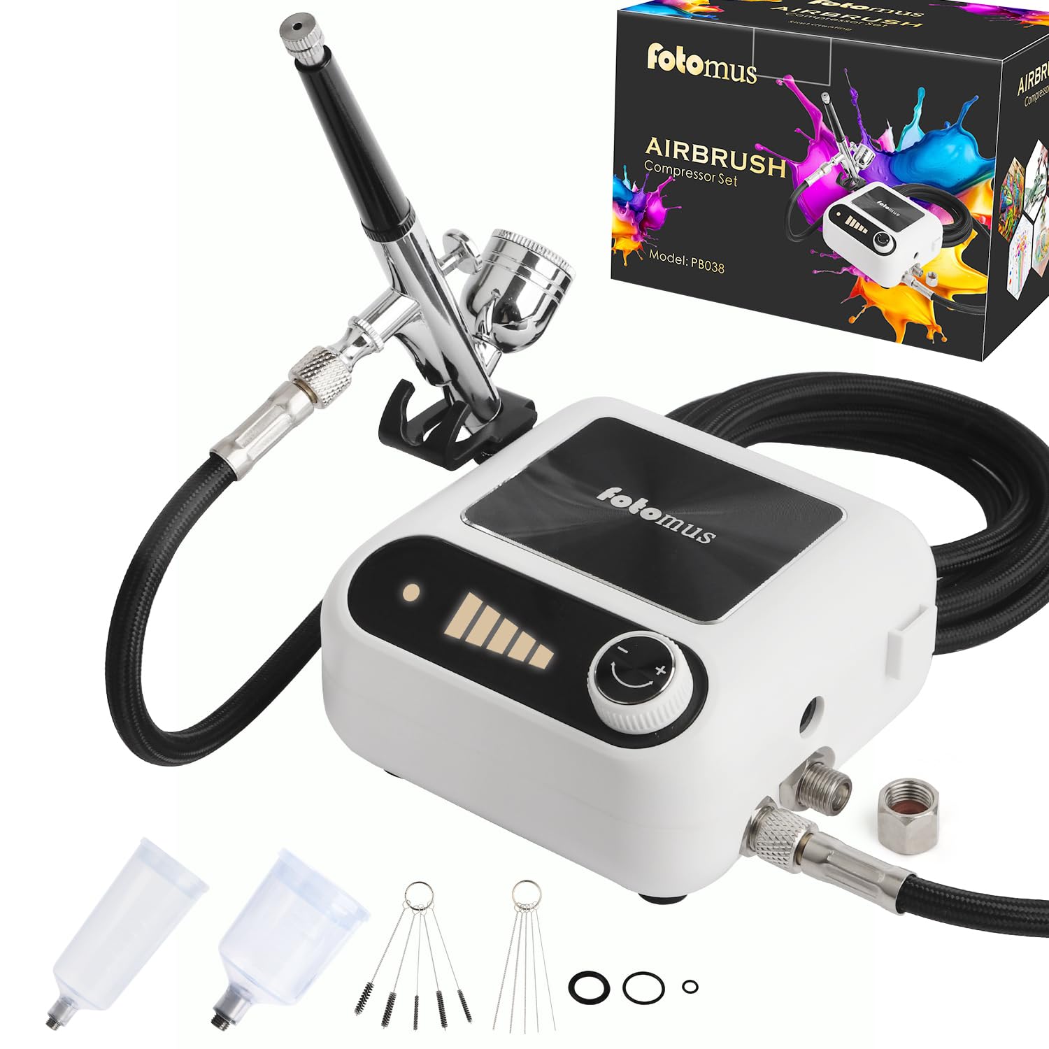 Kit de aerógrafo con compresor, puede conectar dos aerógrafos, 41PSI, encendido y apagado automático, 5 niveles ajustables, doble acción, boquilla de 0.3 mm, compacto, juego de compresor de aerógrafo
