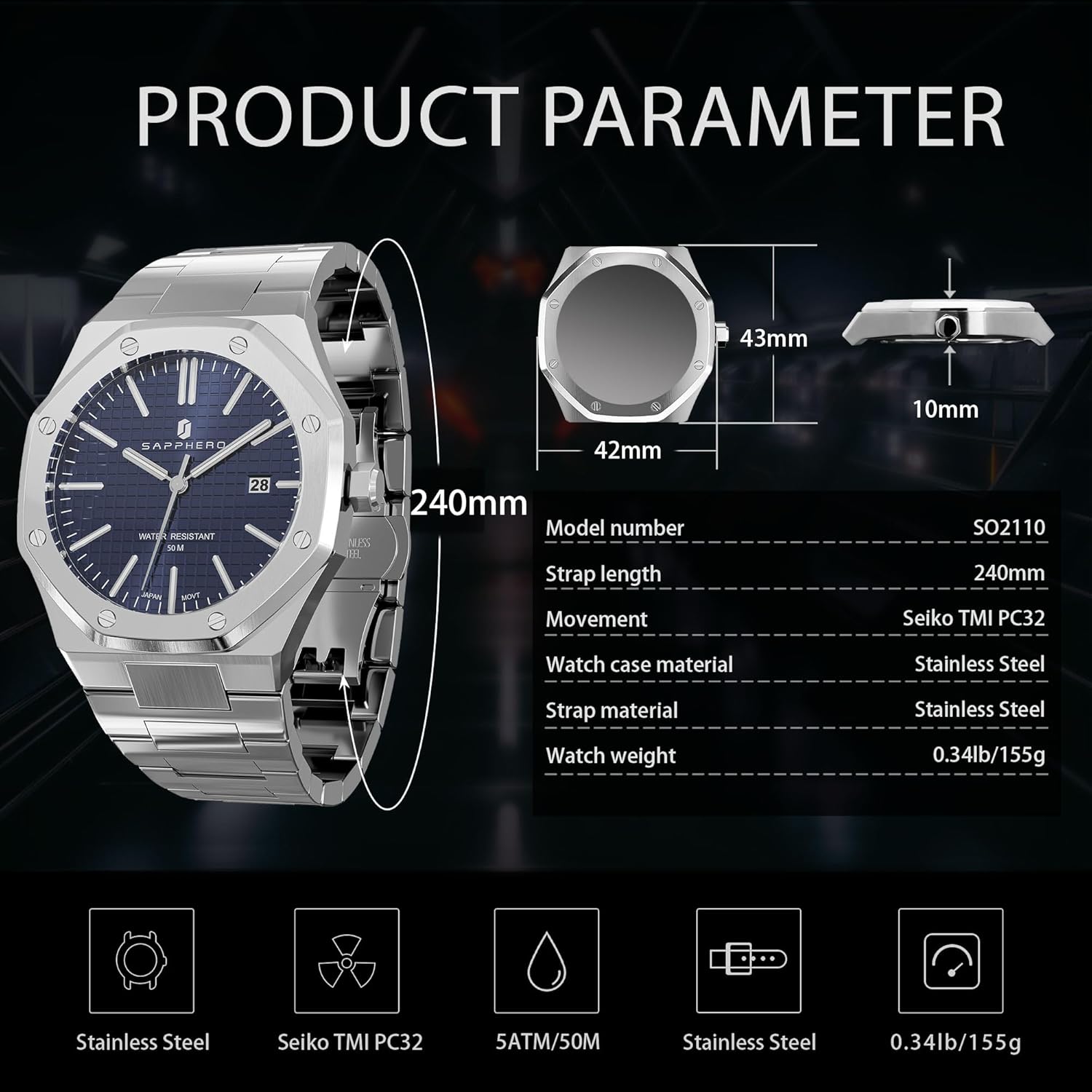 SAPPHERO Watches Men Octagonal Stainless Steel Waterproof Analog Japanese Quartz Wrist Watch Date Classic Business Luxury Watches for Men Elegant Gifts - Image 6