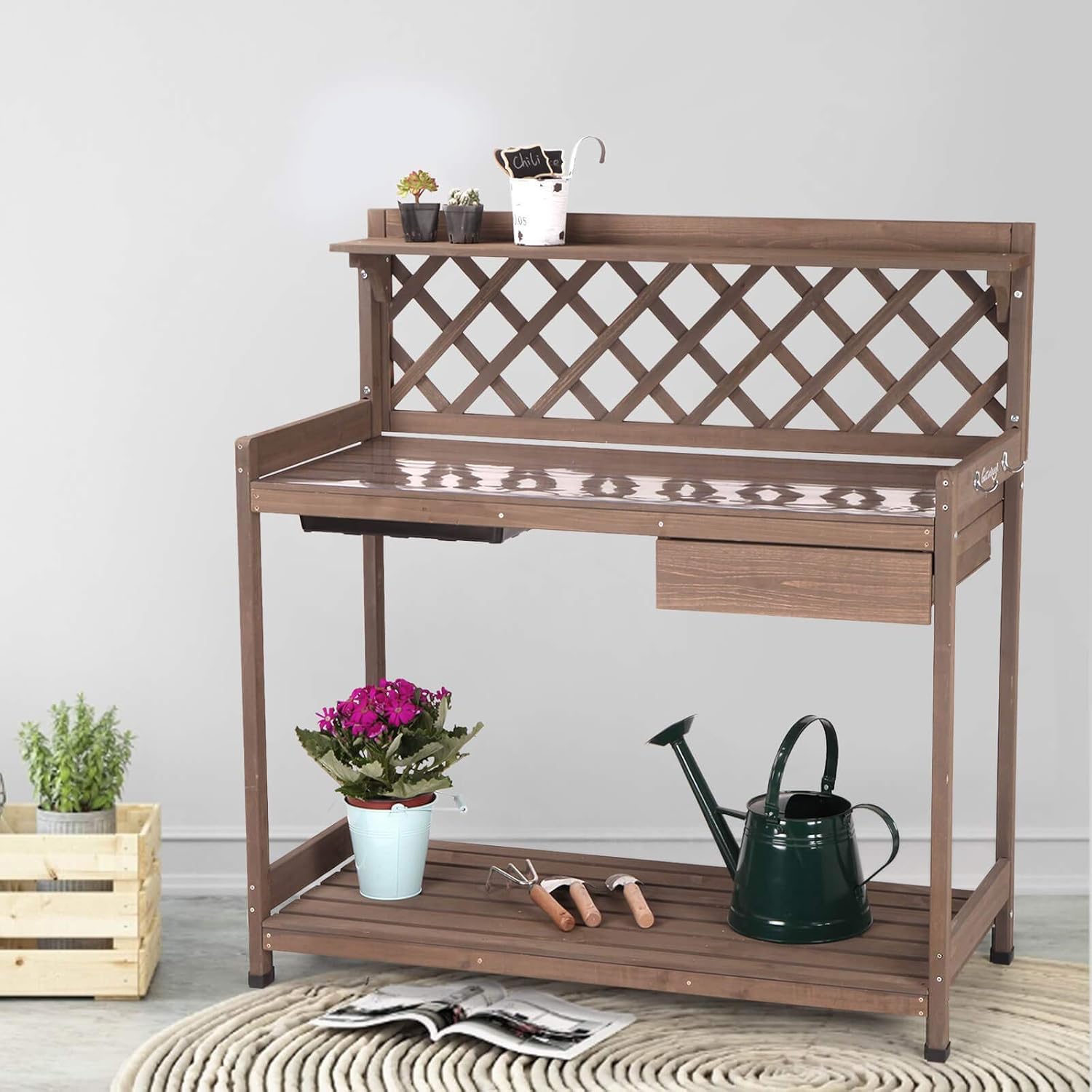 GUTINNEEN Potting Bench with PVC Layer, Sink, Lid, Gardening Work Bench Wooden Planting Table Outdoor with Storage, Drawer, Shelf, Hook