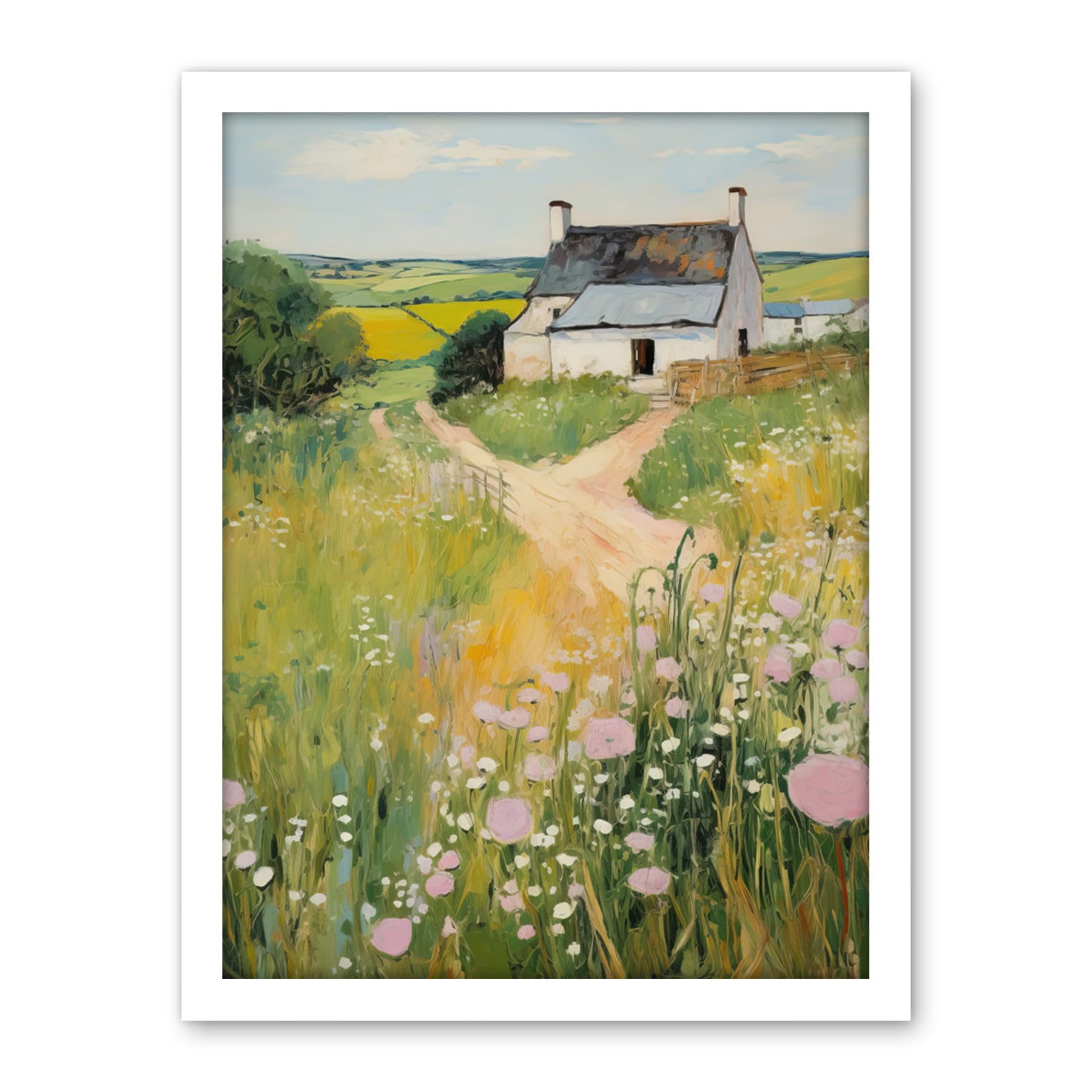 Artery8 Country Farmhouse Cottage Scene Traditional Landscape Oil Painting Meadows Countryside Summer Artwork Framed Wall Art Print 18X24 Inch