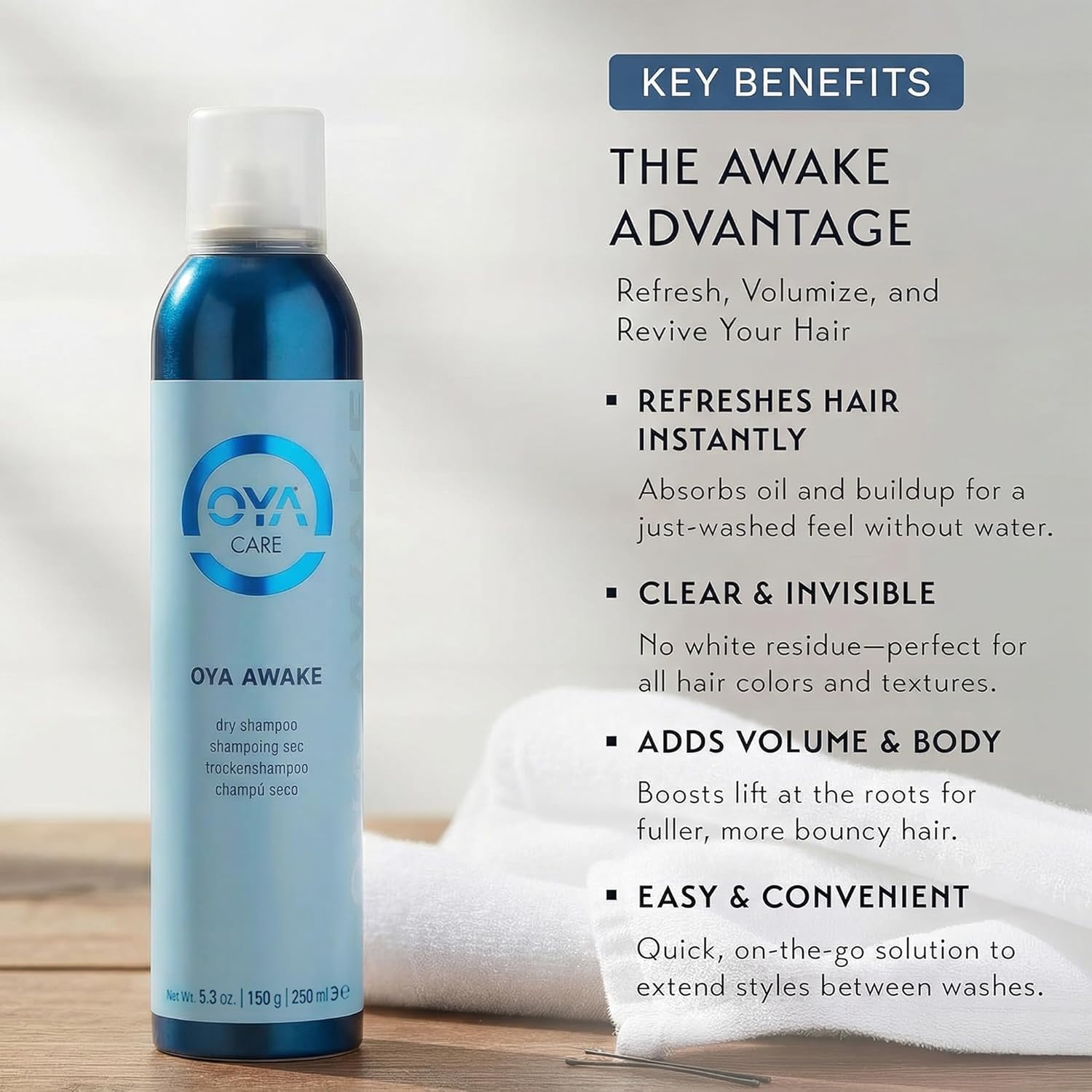 OYA Awake Dry Shampoo - Waterless Shampoo Hair Cleanser Cleanses Oily Hair from Root to Tip Without Residue - Refreshes and Revitalizes Colored & Natural Hair, Adds Natural Volume & Shine - 250ml