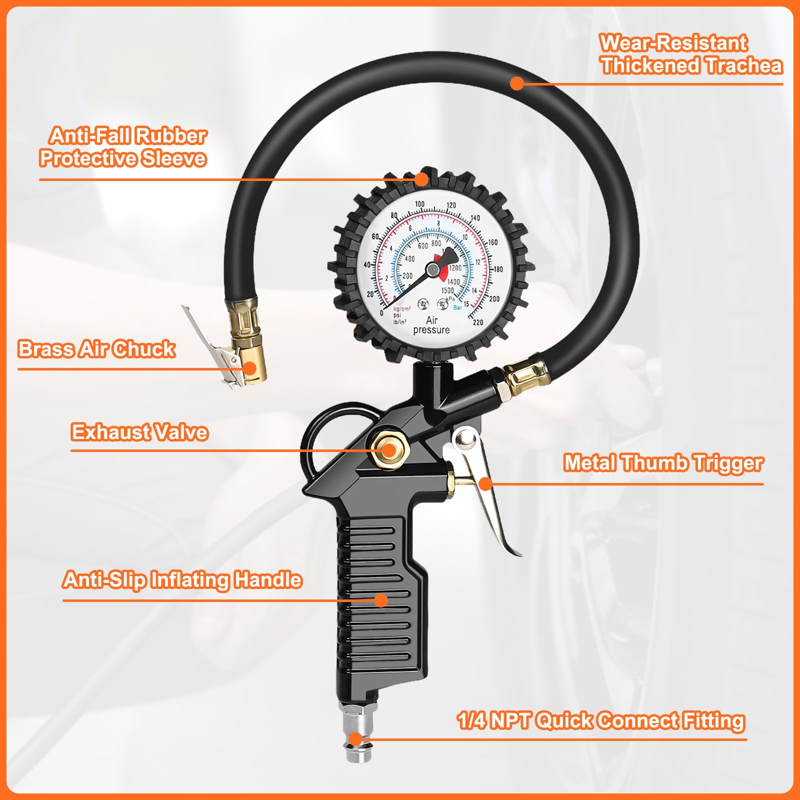 220 PSI Manómetro Neumáticos, Medidor Presión Digital Alta Precisión, Pistola Inflado con Manguera & 4 Tapones Válvula, Accesorios Compresor para Coche, Bicicleta, Camión, Motocicleta