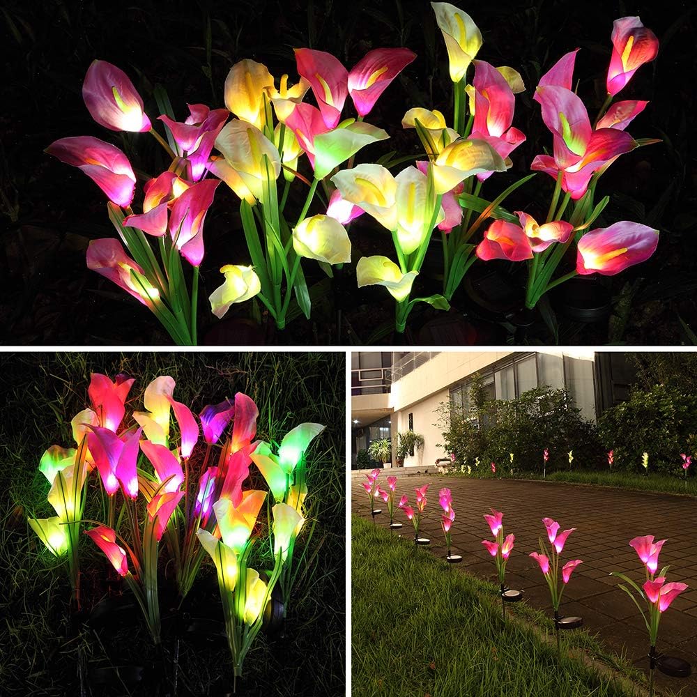Aloudy Solar Garden Stake Lights: 3 Pack Outdoor Waterproof Calla Lily Flowers, 7 Color Changing LEDs for Garden, Patio, Backyard (Purple & White)
