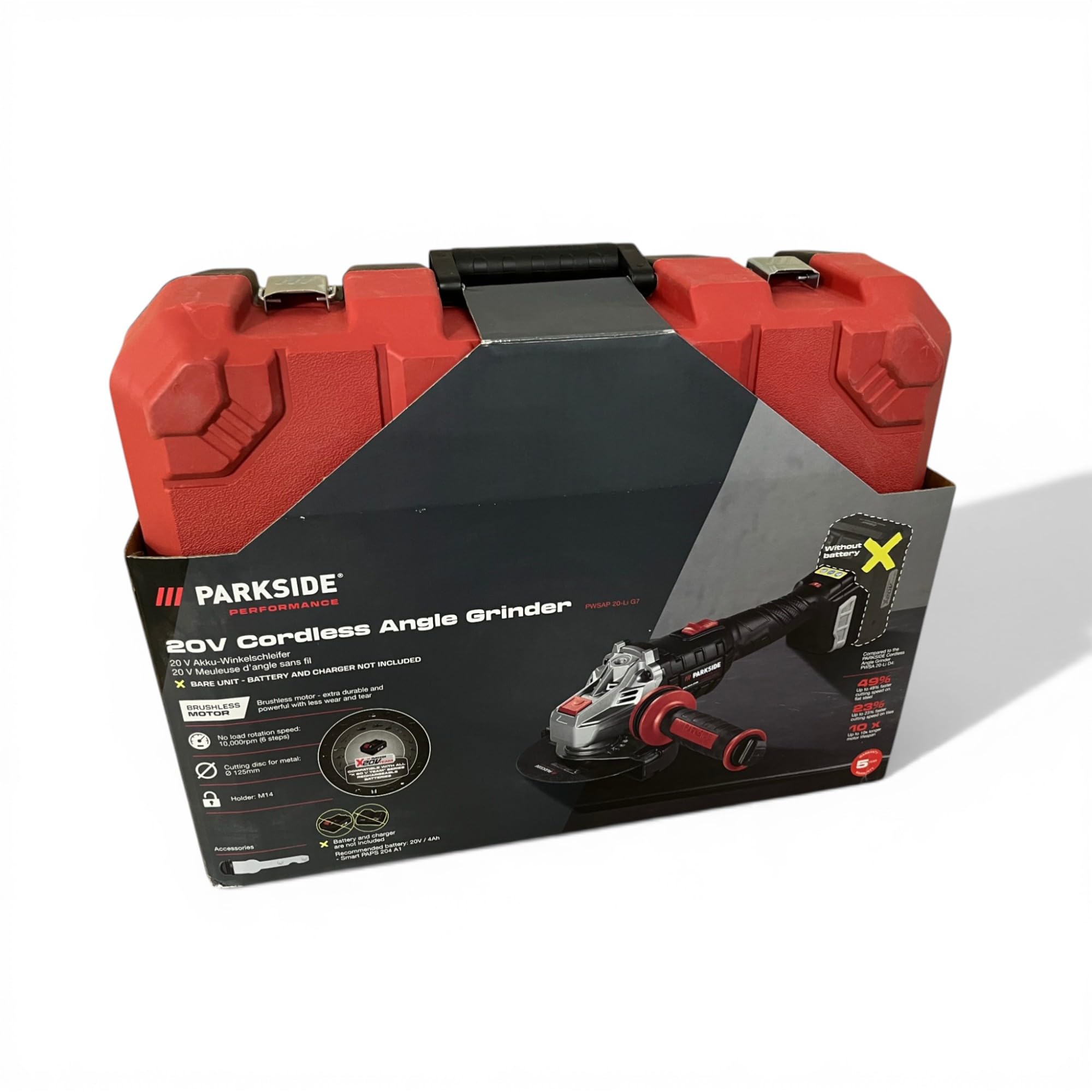 Parkside - Smerigliatrice angolare senza fili, Parkside Performance X20V PWSAP 20, senza spazzole/brushless, senza batteria, senza caricabatterie, con valigetta per il trasporto