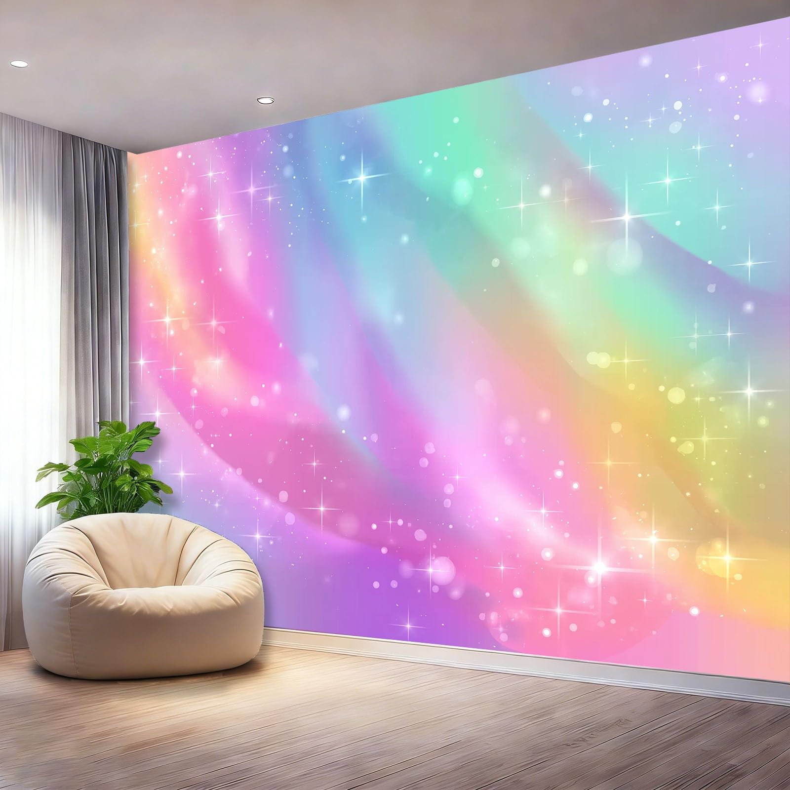 Tapeta panoramiczna 400 x 280 cm, marzycielska tęcza gwiazdy, radosna tapeta z motywem do zabaw i żłobka, kolorowa