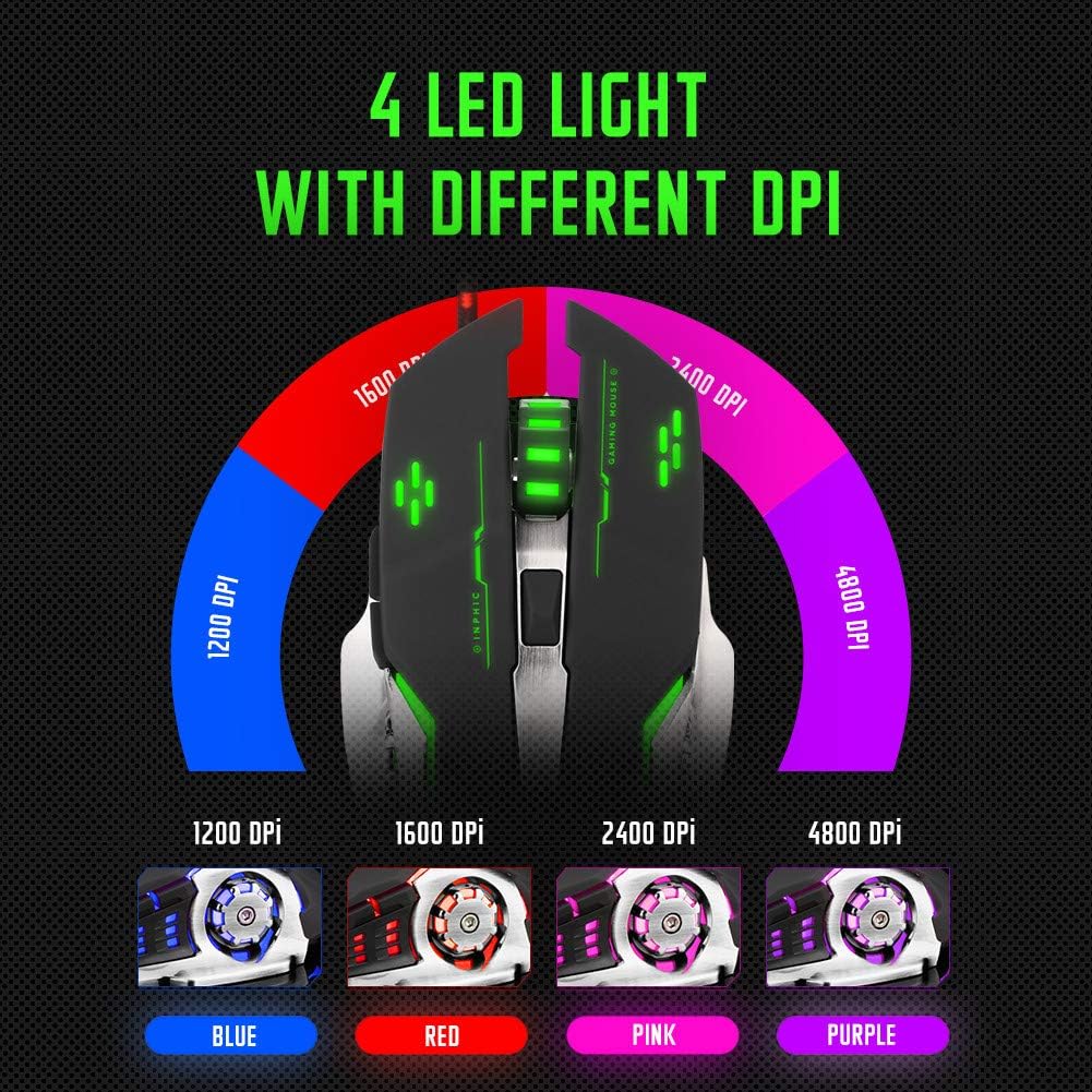 Silent Click Mouse, Inphic Wired Gaming Mouse with 6 Macro Programmable Buttons, USB Optical PC Laptop Computer Ergonomic Quiet Mice, 4800DPI , 7 RGB Breathing LED Backlit