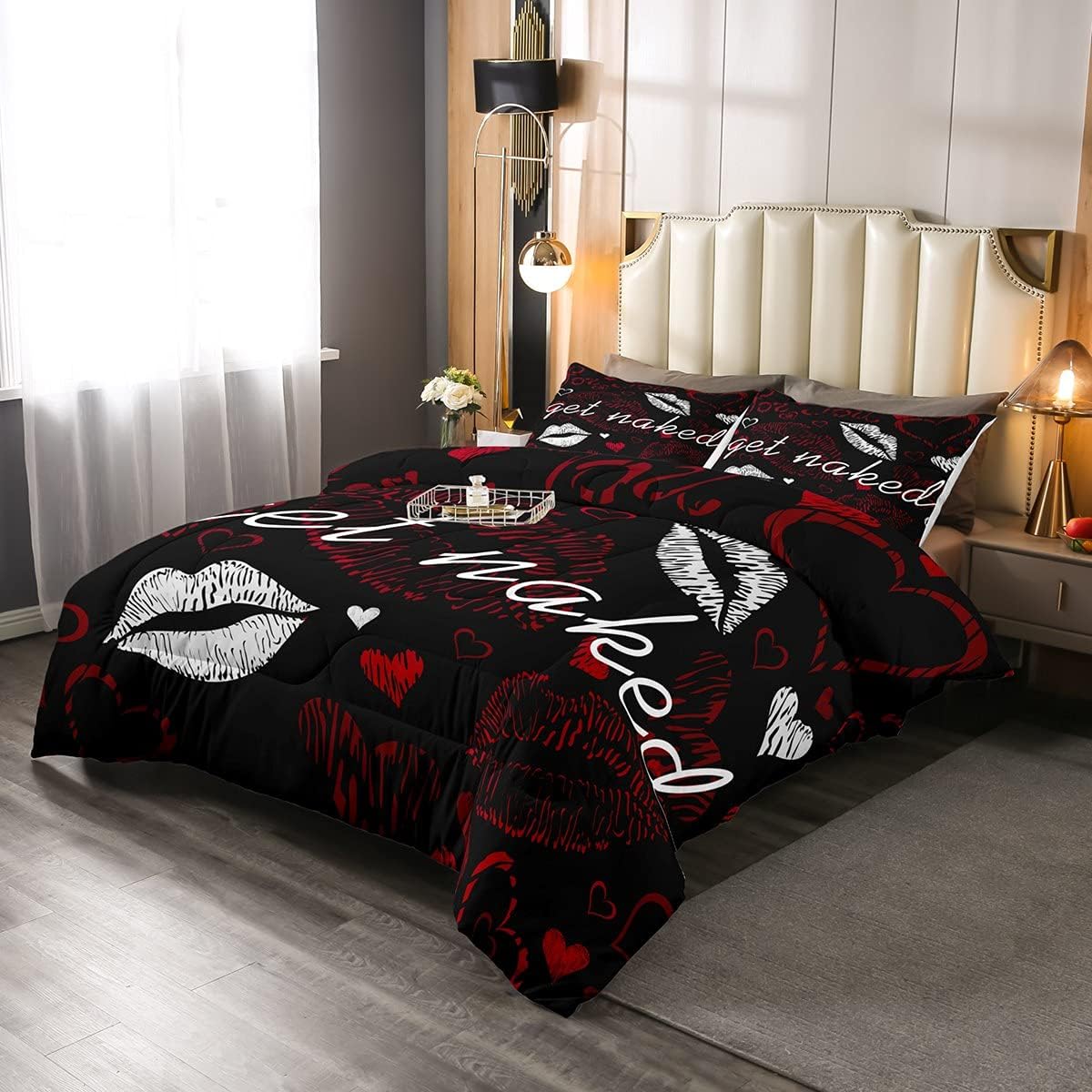 Sexy Lips Comforter Funny Get Naked Comforter Set for Couple Lover Kiss Bedding Set White Red Woman Mouth Pattern Decor Duvet Set Room Decor Queen Size Quilt Set 3Pcs