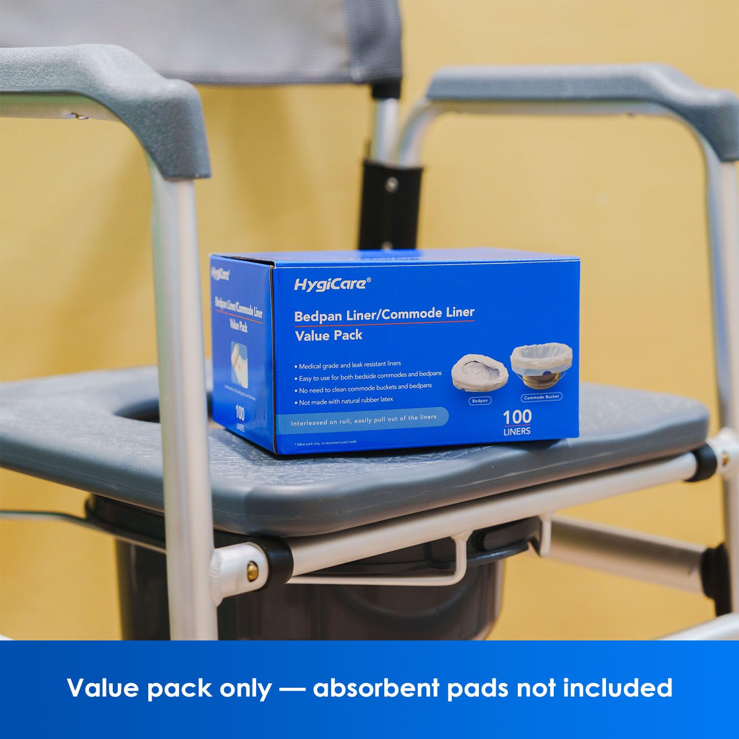 HygiCare Paquete económico de 100 bolsas de inodoro ampliadas, a prueba de fugas, grado médico, bolsa de inodoro portátil que se adapta a todas las sartenes y cubos de inodoros, bolsas intercaladas en