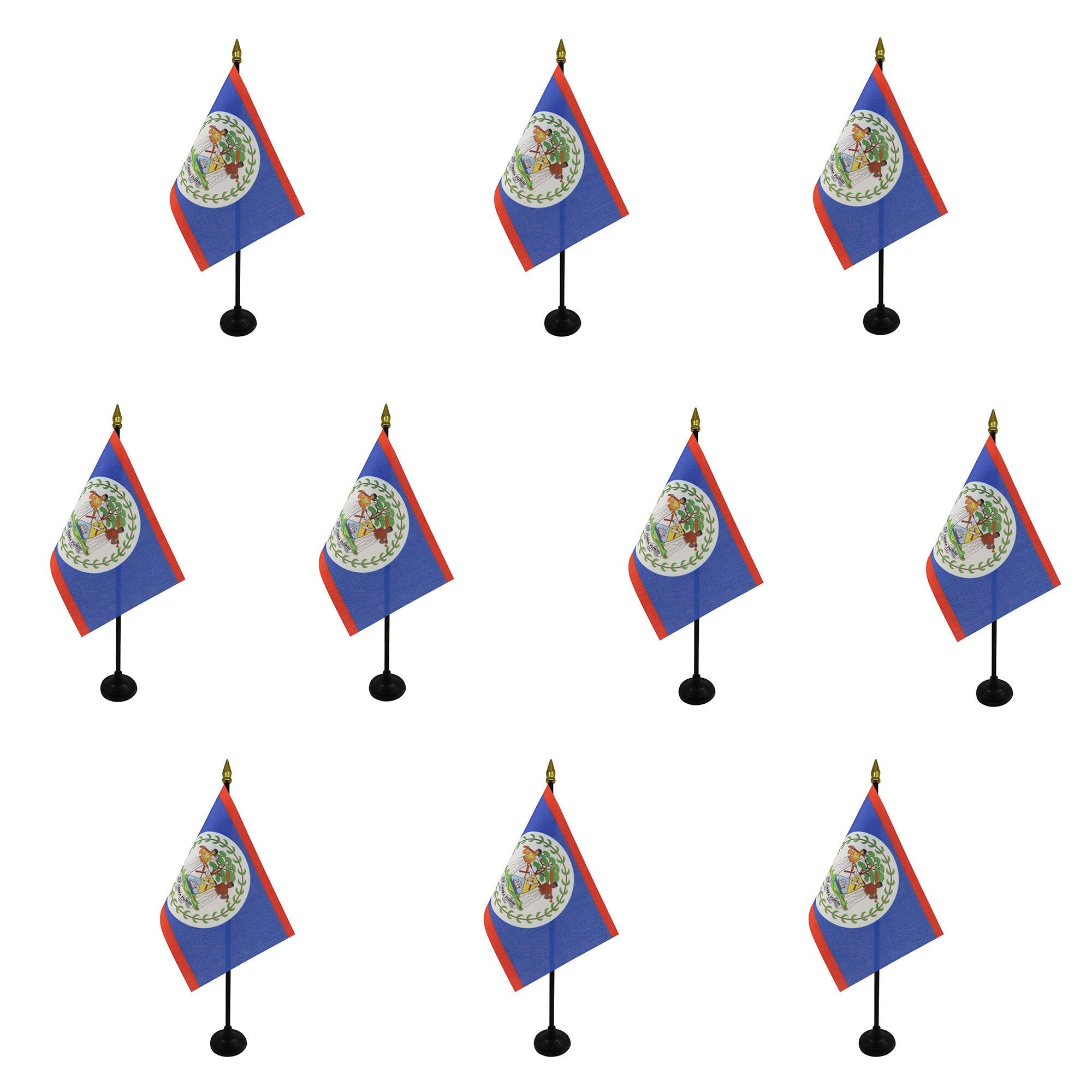 AZ FLAG - Set of 10 Belize Table Flag 4'' x 6'' - 10 Small Belizean Mini Desk Flags 100% Polyester 15 x 10 cm - Office Flag with 10'' Pole - Golden Spear