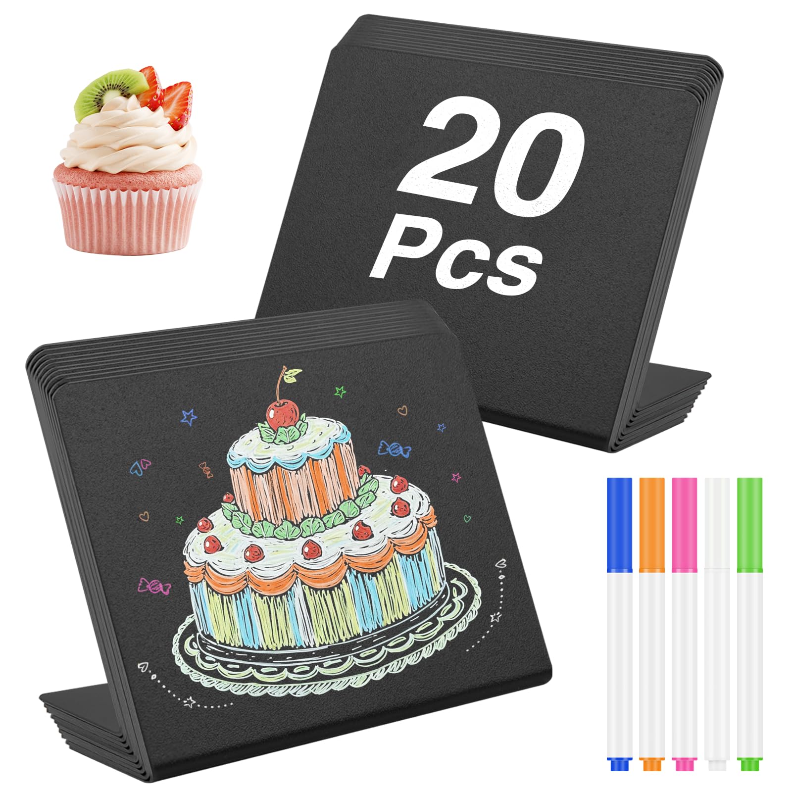 JEFURE 20Pcs Mini Chalkboard Signs, L-Shaped Small PVC Chalk Boards with 5 Chalk Pens, Erasable Mini Blackboard Signs, Price Tags for Display, Food Labels for Buffet, Wedding, Party, Shop