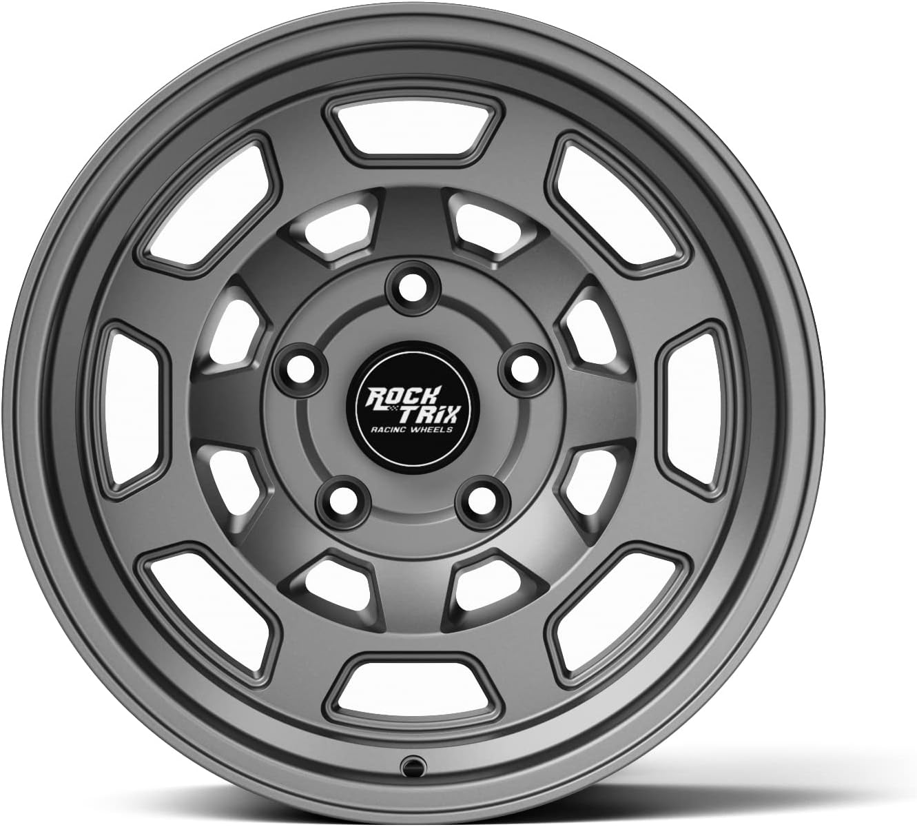 RockTrix RT117 17 inch Wheel Compatible with Jeep Wrangler JK JL 17x9 5x5 Wheels (-38mm Offset, 3.5in Backspace) 5x5 PCD, 71.5mm Bore, Gunmetal Gray Wheels, Also fits Gladiator JT Rims