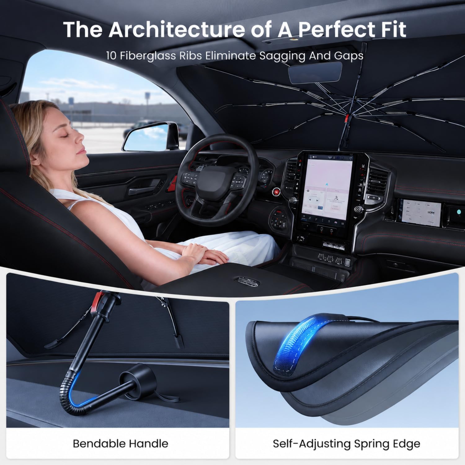 REEVAA 2026 Upgraded Windshield Sun Shade Umbrella [100% Sun Protection & Keep Cool] Protect Interior, 360° Flex Handle Sun Shield Sunshade for Chevrolet, Lexus, Ram, K2