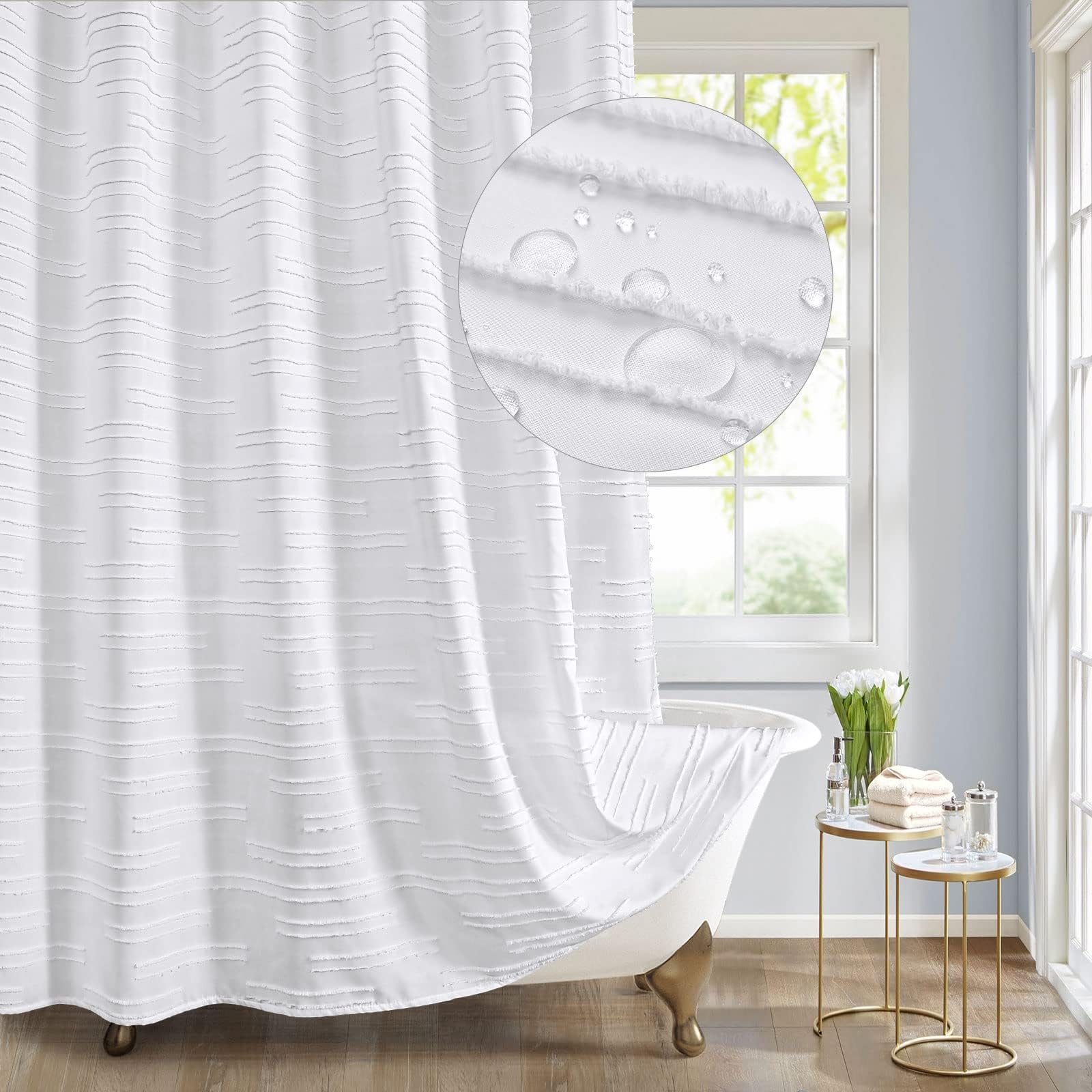 MitoVillaWhite Boho Fabric Shower Curtain Set, Modern Farmhouse Tufted Cloth Shower Curtains with Striped Textured for Luxury Bathroom Decor, Soft & Wrinkle Resistant, 72 x 72