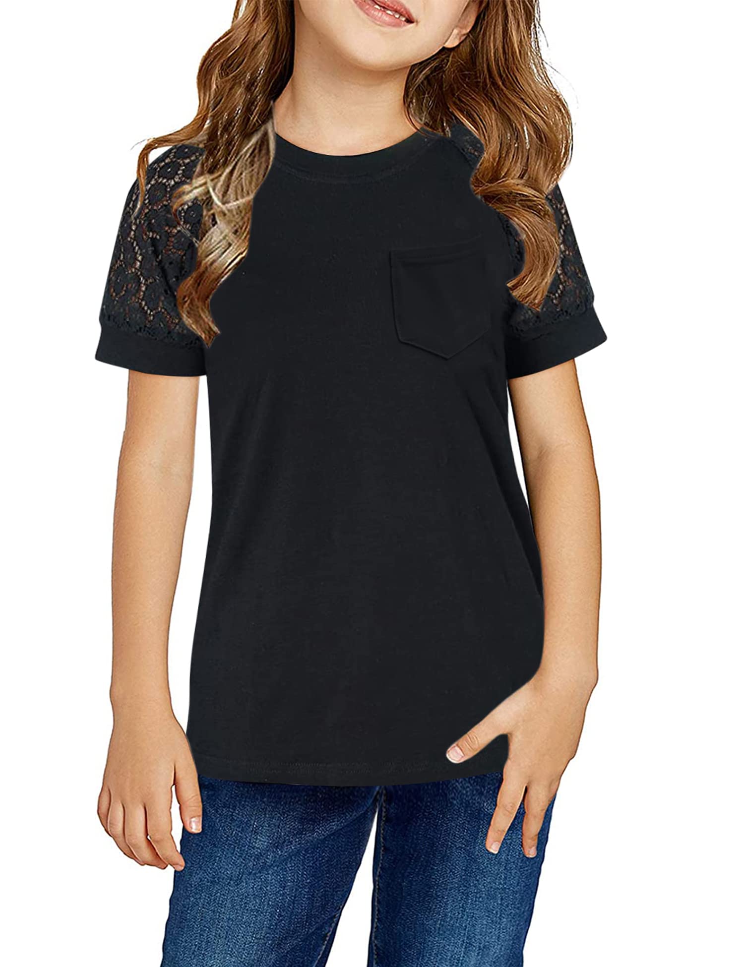 Girls Summer Short Sleeve Shirts Lace Casual Cute Crew Neck Solid Color Blouses Tops Sizes 6-15 Years