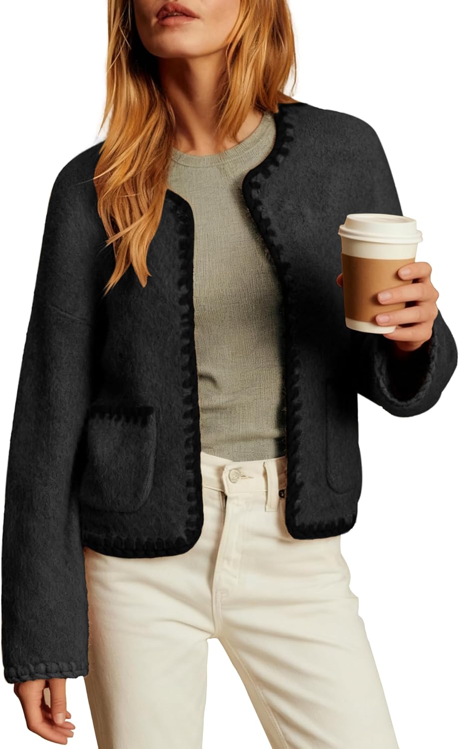 Womens Knit Cardigan Braided Sweaters Trim Open Front Sweater with Pockets Oversized Casual Outerwear Fall Winter - Image 2