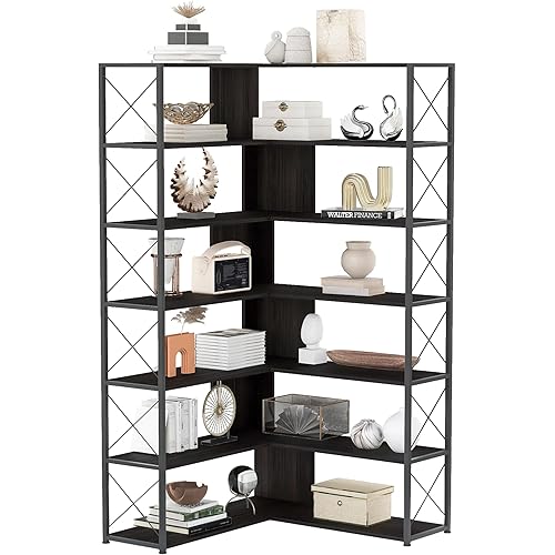 7-Tier Corner L-Shaped Bookcase Tall Bookshelf with Open Storage Industrial Etagere Shelf, Freestanding, Metal Frame, Black