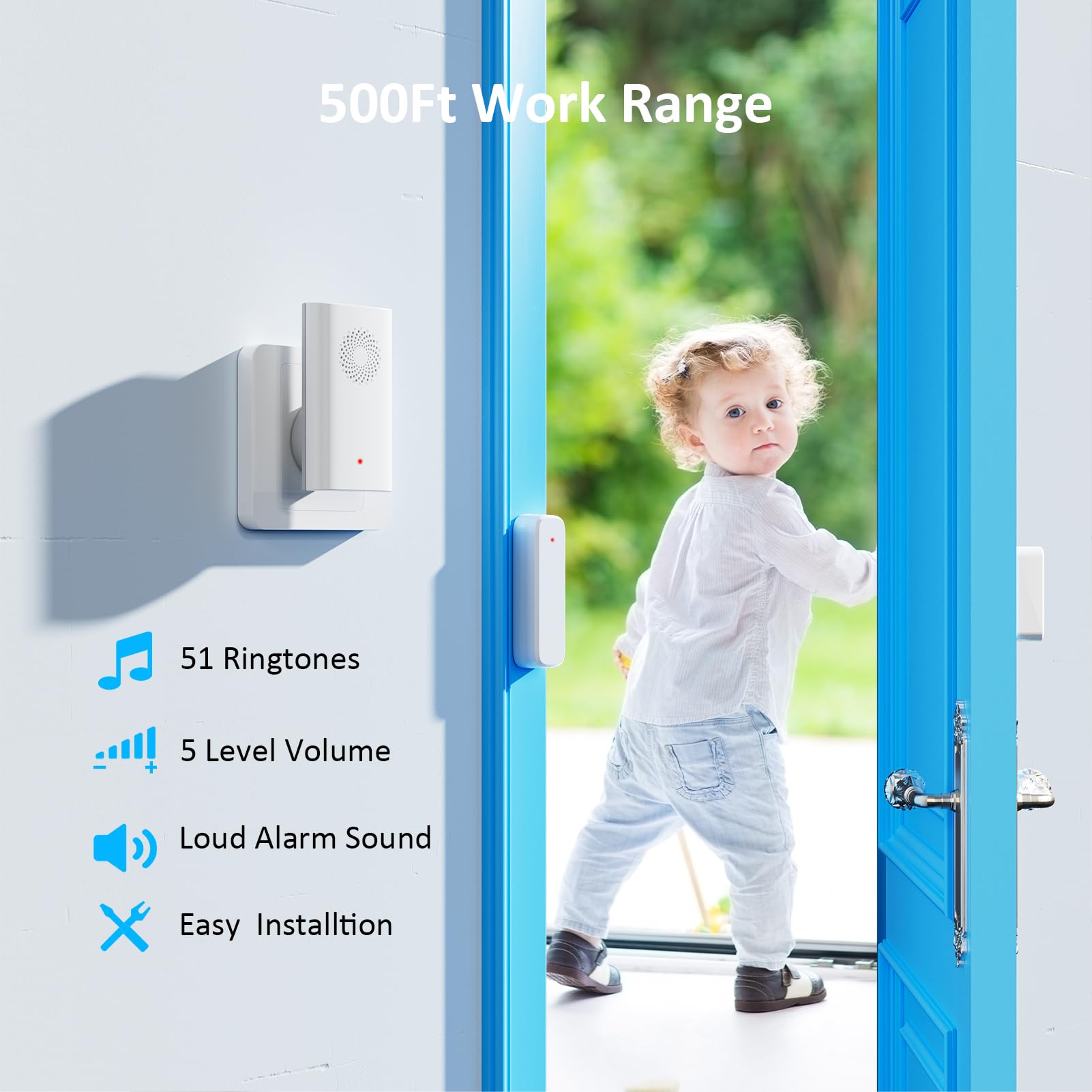 Timbre inalámbrico con sensor de puerta, alarma de apertura de puerta al entrar en el negocio/oficina/tienda (rango de 500 pies, volumen ajustable de 51 timbres), timbre de alerta para el hogar para