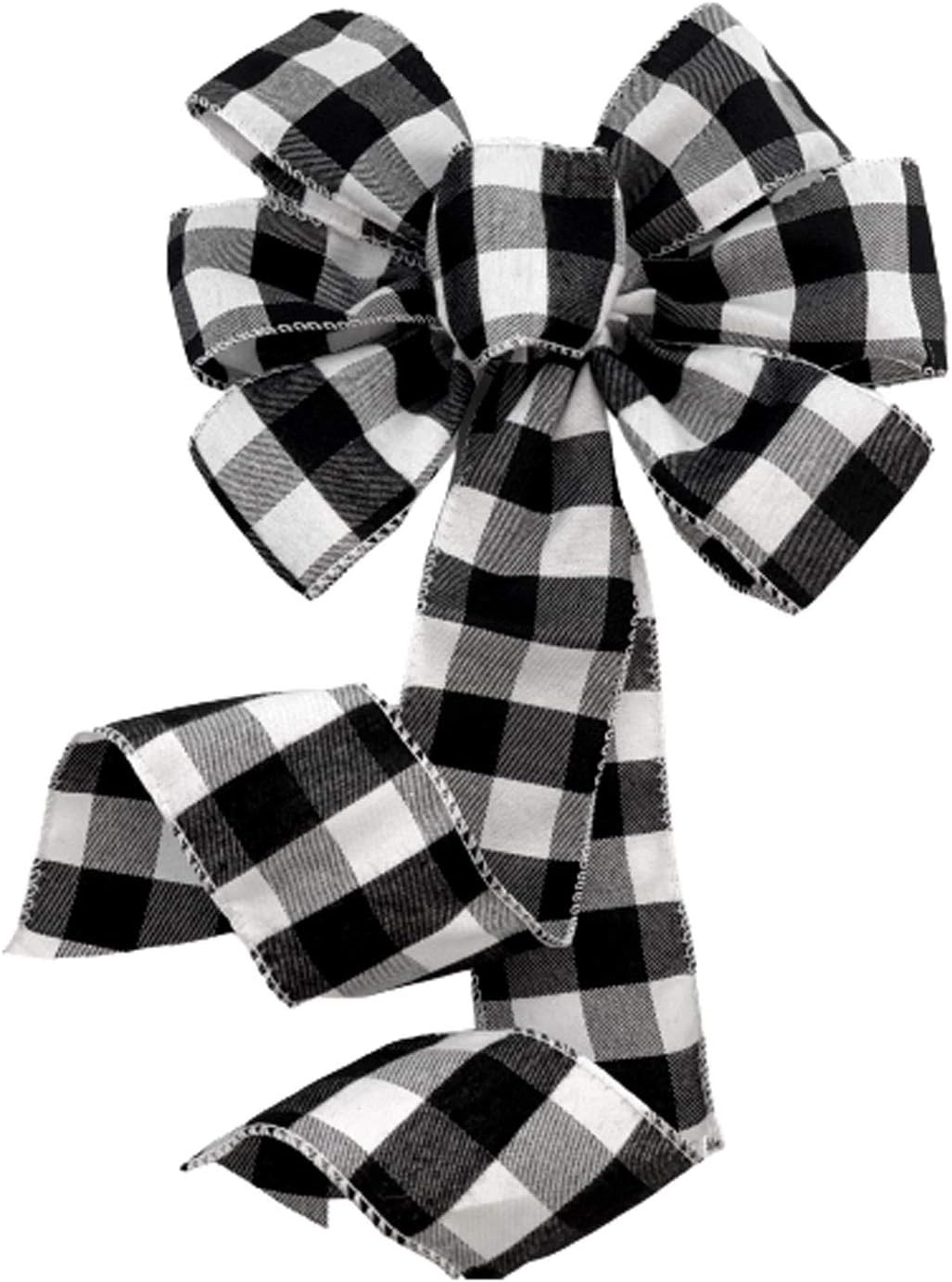 GiftWrap Etc. Buffalo Plaid Christmas Wreath Bow - 25 cm Wide, 46 cm Long Pre-Tied Bow, Black and White Checkers, Door Decoration, Swag, Wreath, Garland, Boxing Day, Fall, Winter, Thanksgiving