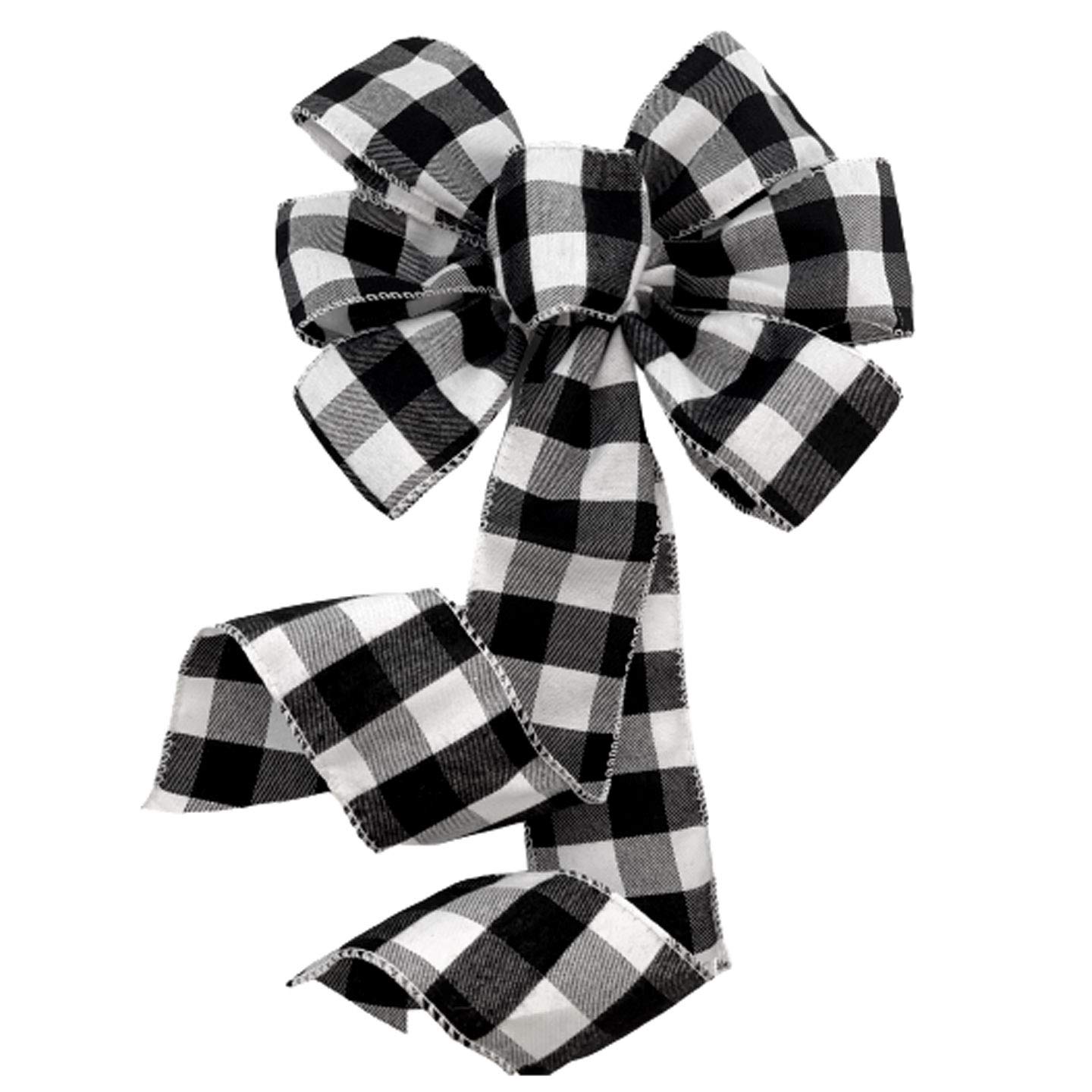Buffalo Plaid Christmas Wreath Bow - 10" Wide, 18" Long Pre-Tied Bow, Black and White Checkers, Fall Decor, Door Decoration, Swag, Wreath, Garland, Boxing Day, Winter, Thanksgiving