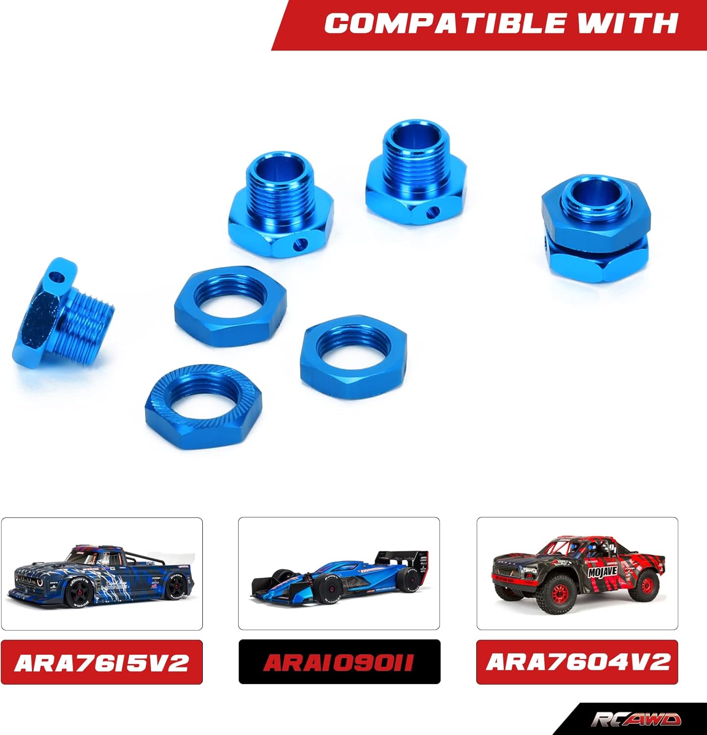 RCAWD 17mm Wheel Hex & Wheel Nut for 1/7 ARRMA Infraction Mojave Limitless 6S & 1/8 Typhon 6S Upgrades, Hex Wheels Hubs Adapter Parts for #AR310447#ARAC9413, #AR310449#ARAC9763 Blue