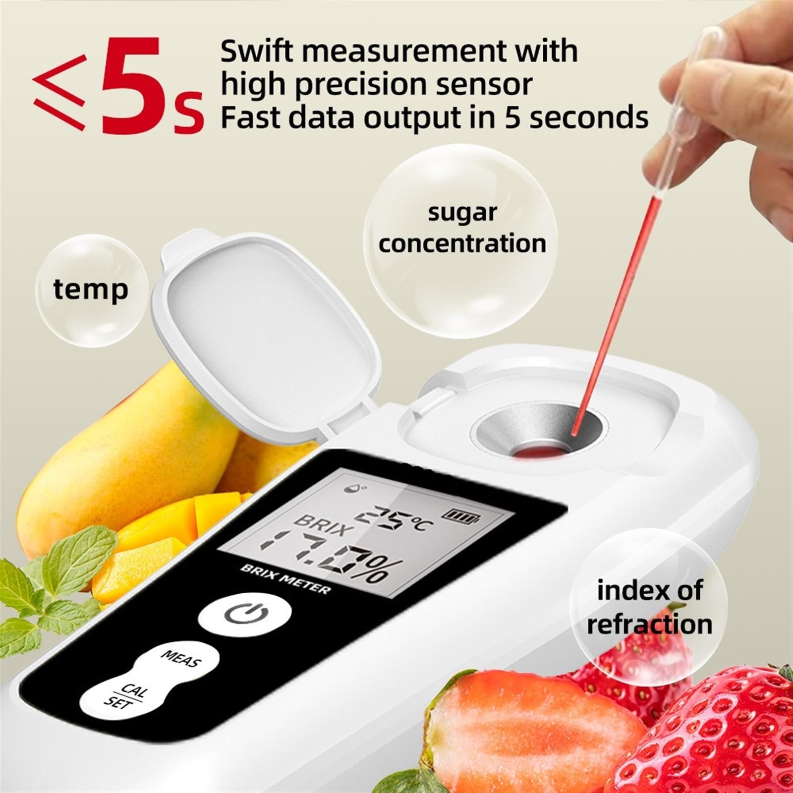 Réfractomètre, Réfractomètre Automatique, Compteur de Sucre numérique, Plage 0 à 55%, précision,2, Rechargeable