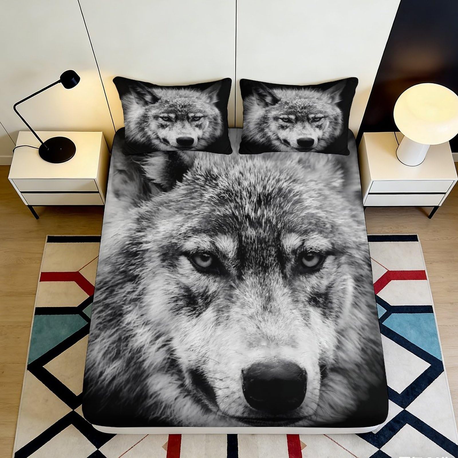 Jqzkxnhpbr Style-6 3D Printed Wolf Head Fitted Sheet Microfiber Soft Durable Forest Night Bed Cover For Bedroom Guest Room Decor 90X200x25cm