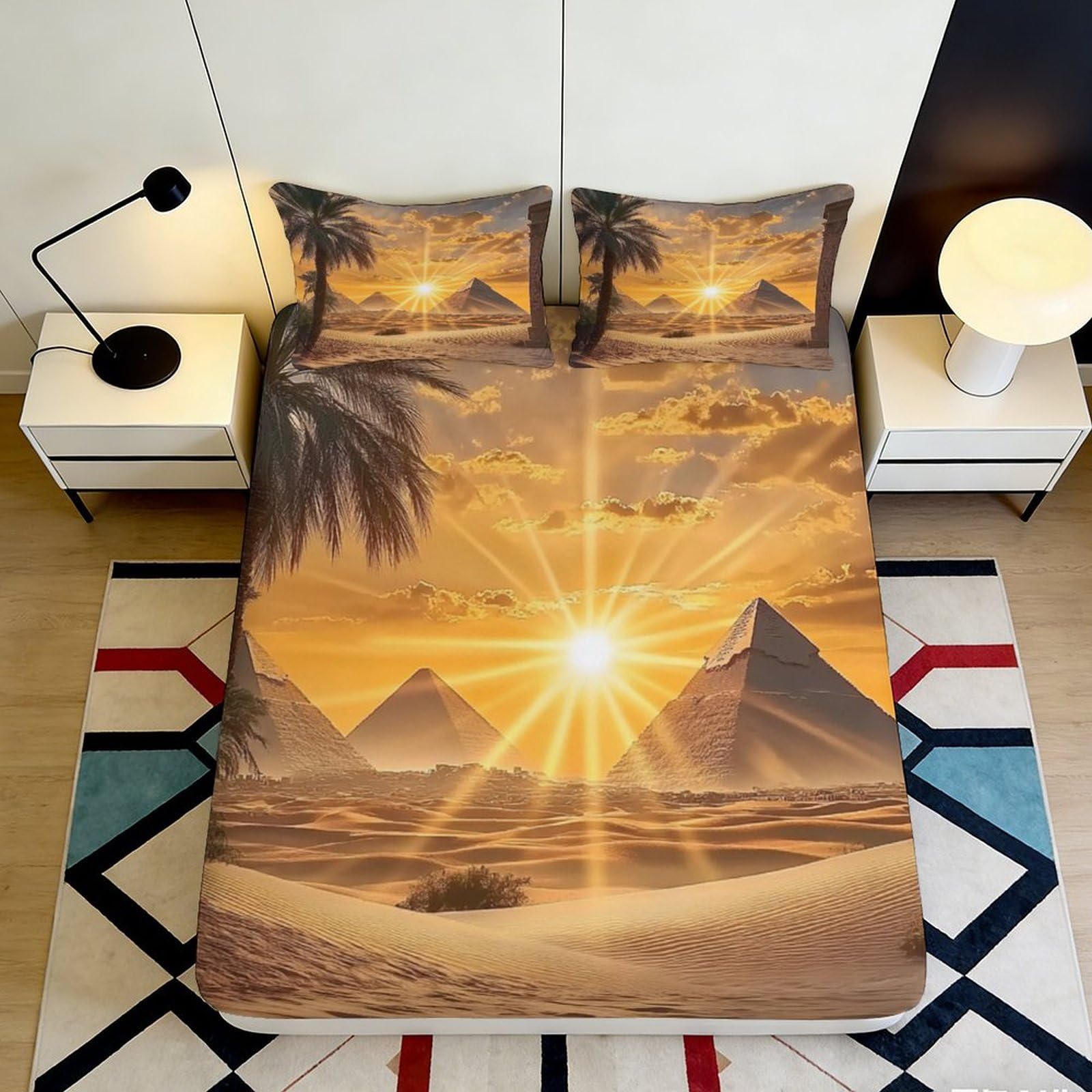 Pnayamiorkfel Style-10 3D Printed Egyptian Pyramid Sunset Fitted Sheet Microfiber Soft Breathable Desert Palm Bed Cover For Bedroom 90X200x25cm