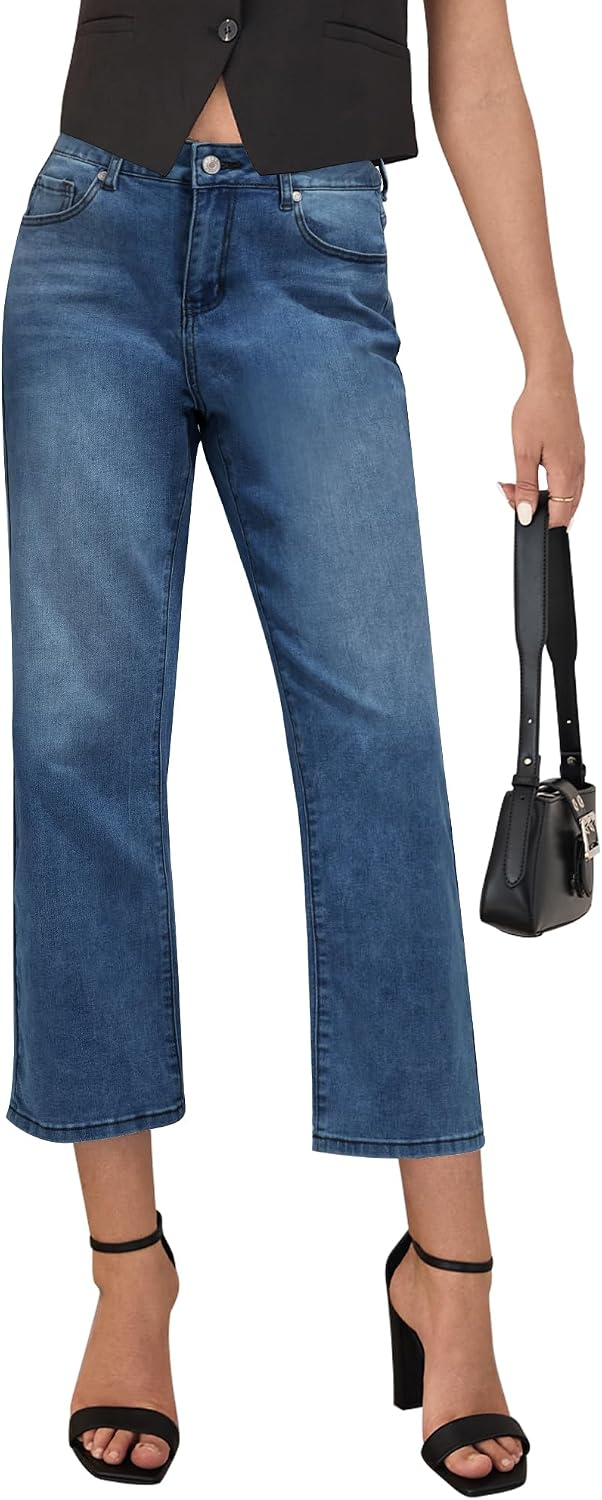 LookbookStore Cropped Jeans for Women High Waisted 90s Baggy Straight Stretchy Denim Pants Trendy Jeans with Pockets